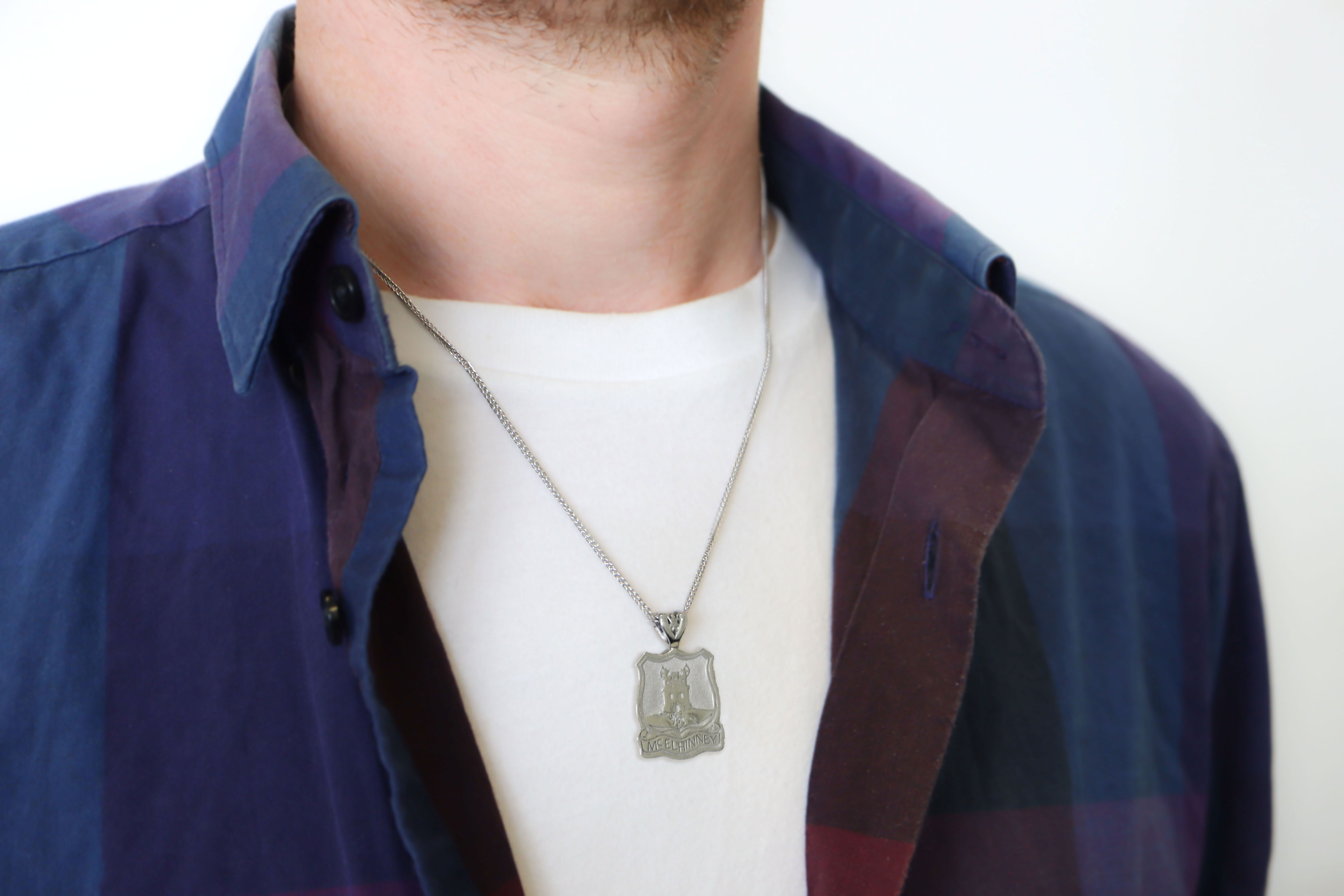 Attractive 14K White Gold Family Crest Necklace - Model Photo