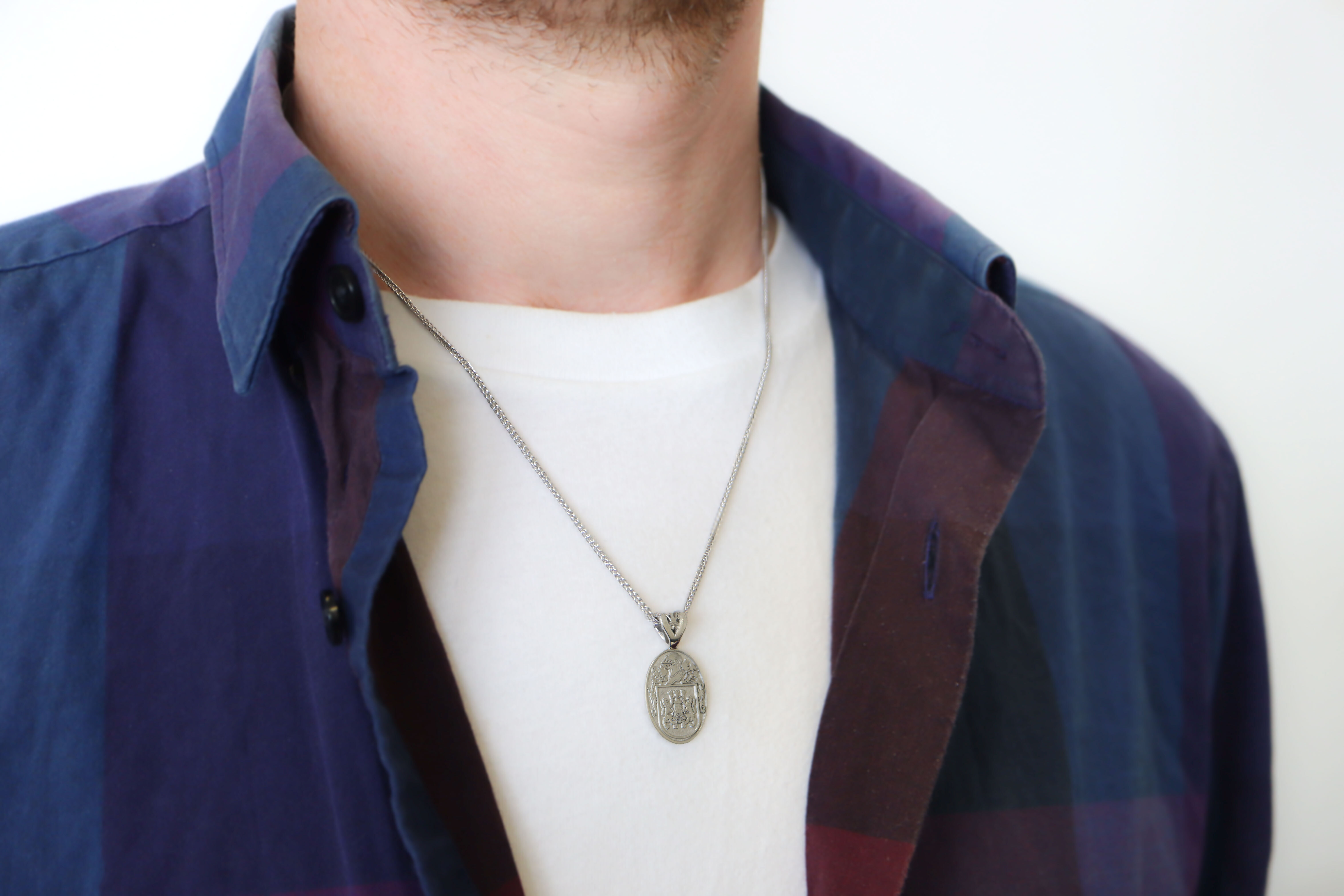 Luxurious White Gold Family Crest & Medals and Medallions Necklace - Model Photo