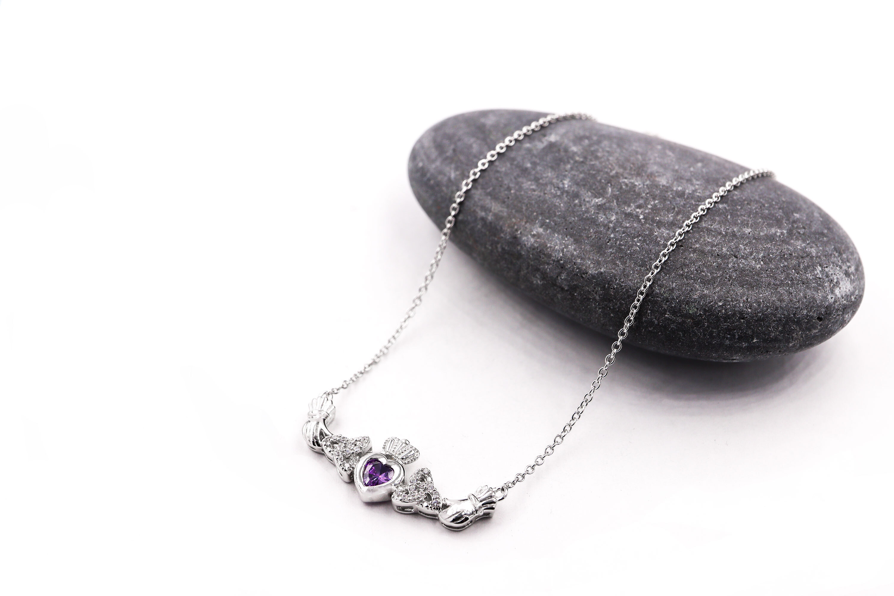 Attractive Sterling Silver Claddagh & Celtic Knot & Trinity Knot & Birthstone Necklace For Women