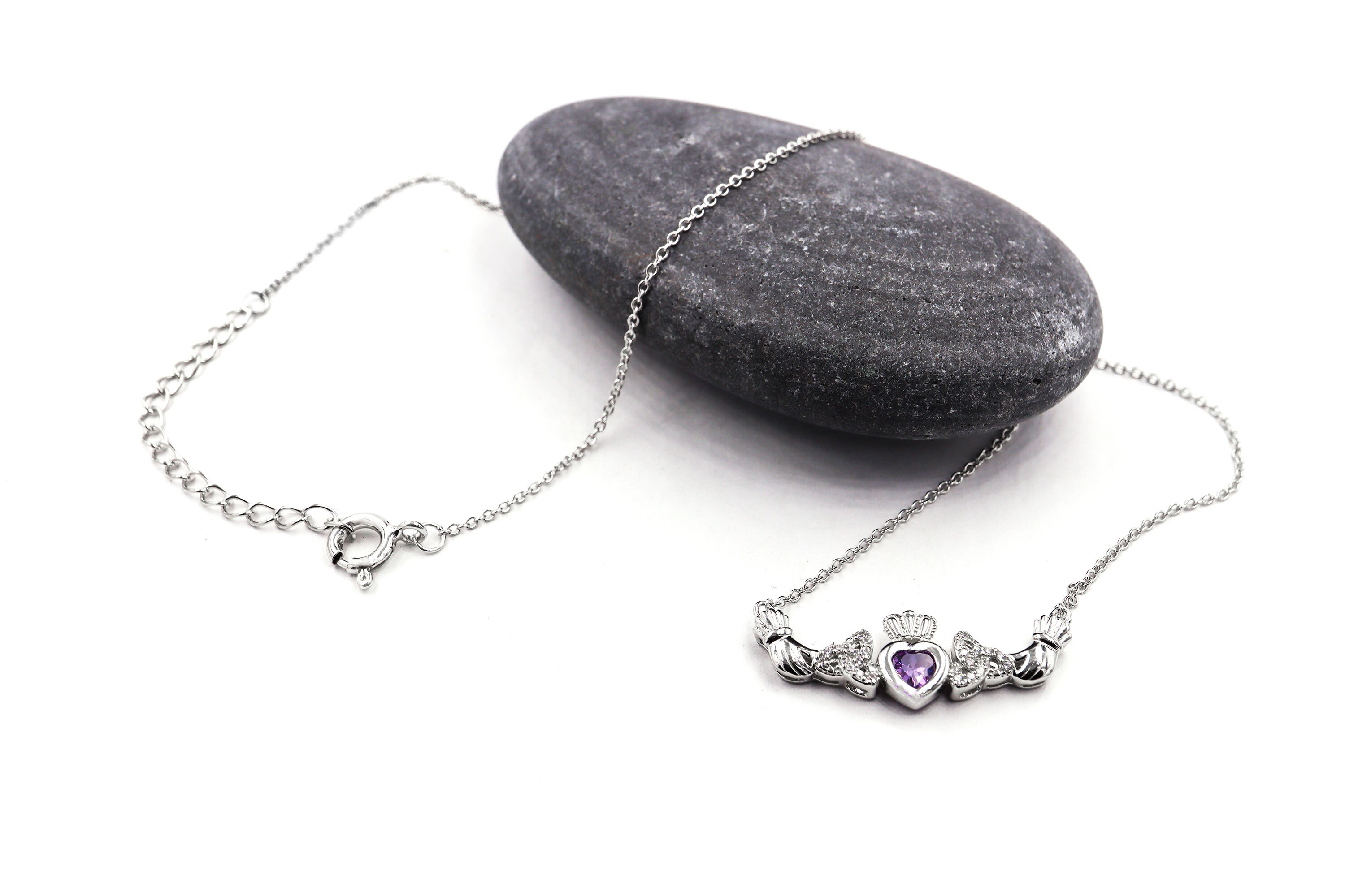 Authentic Sterling Silver Claddagh & Celtic Knot & Trinity Knot & Birthstone Necklace For Women