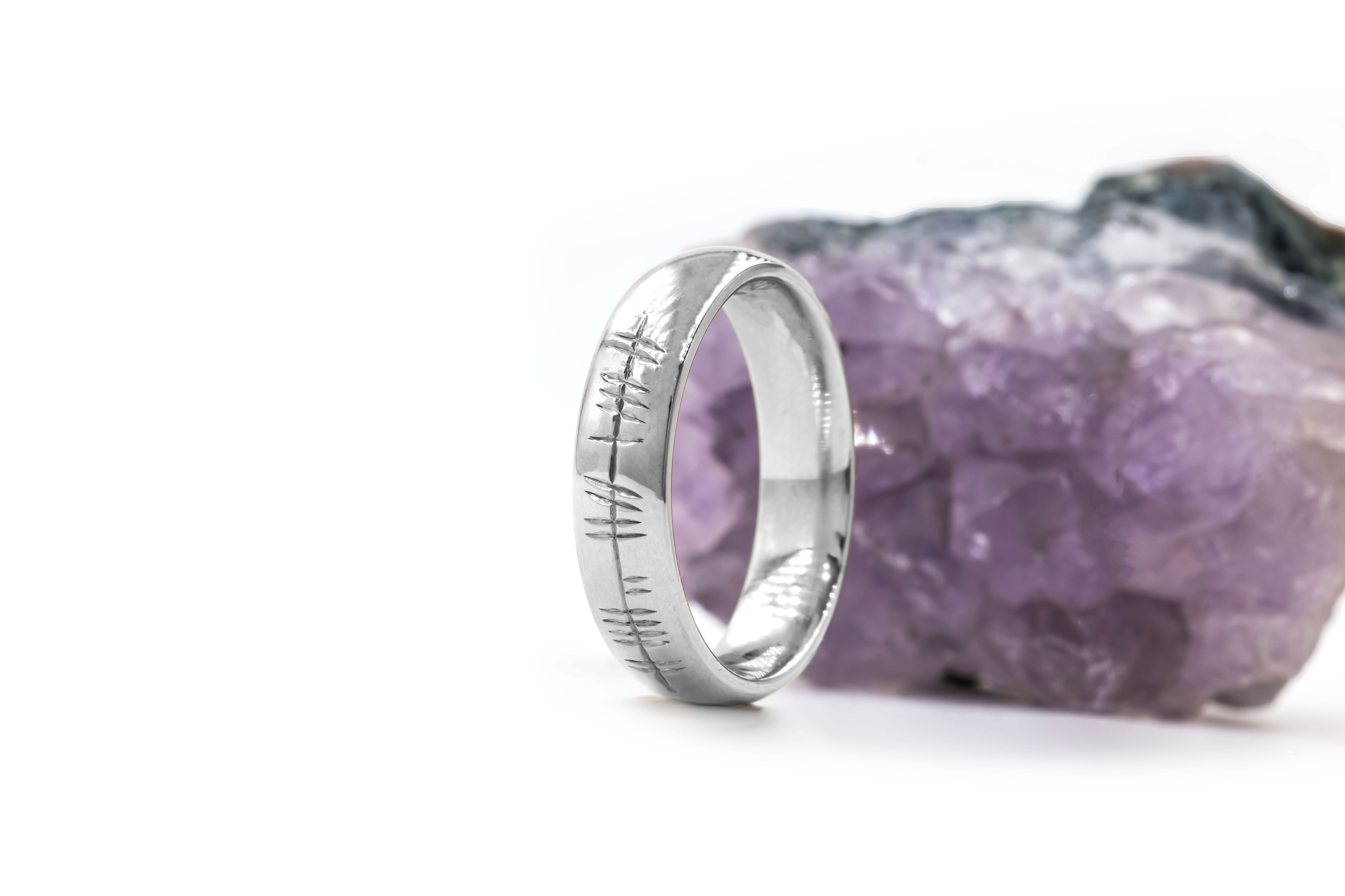 Ogham 7.0mm Ring in White Gold With a Polished Finish