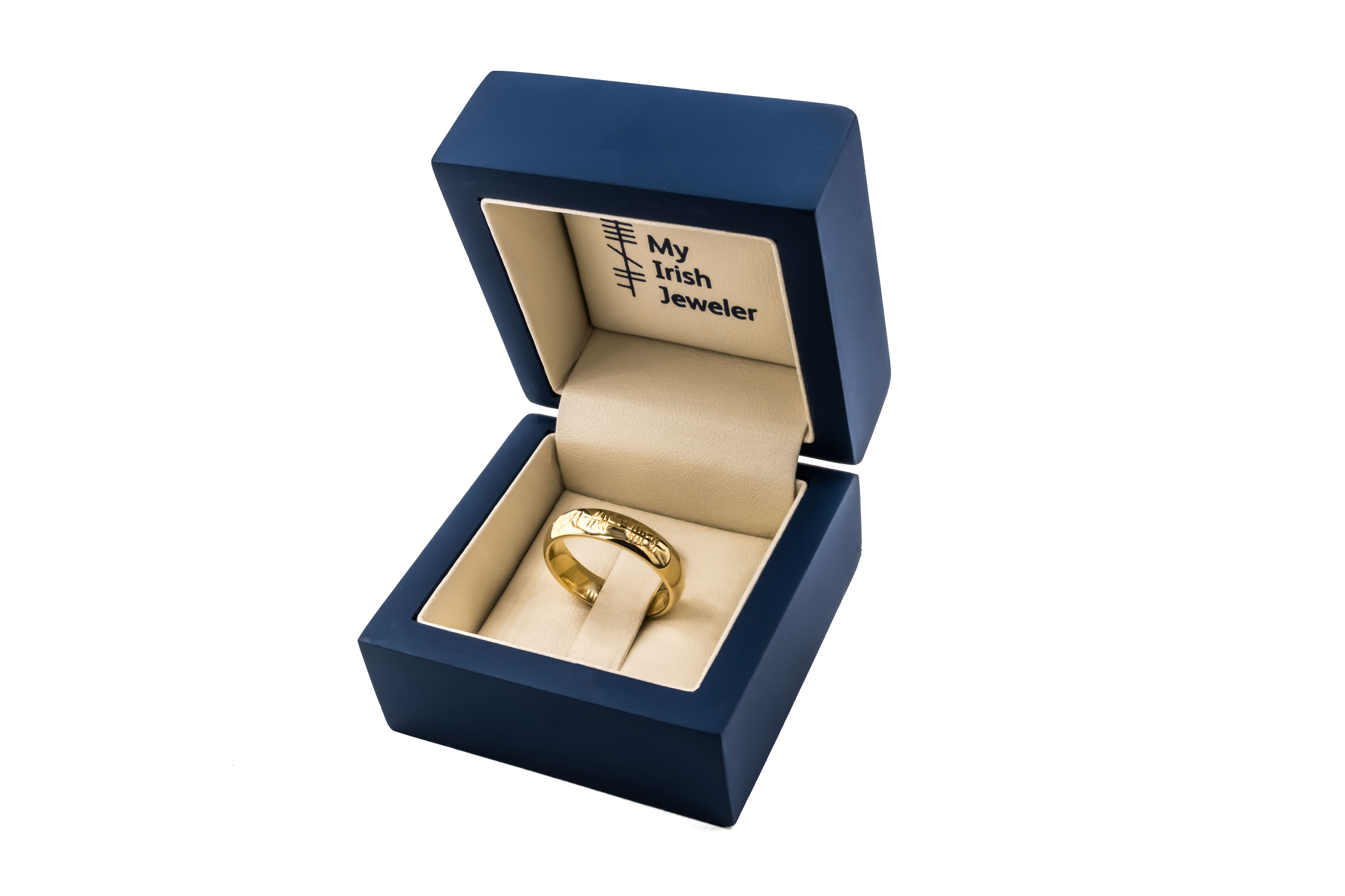 Irish Yellow Gold Ogham Engravable Wedding Ring With a Polished Finish