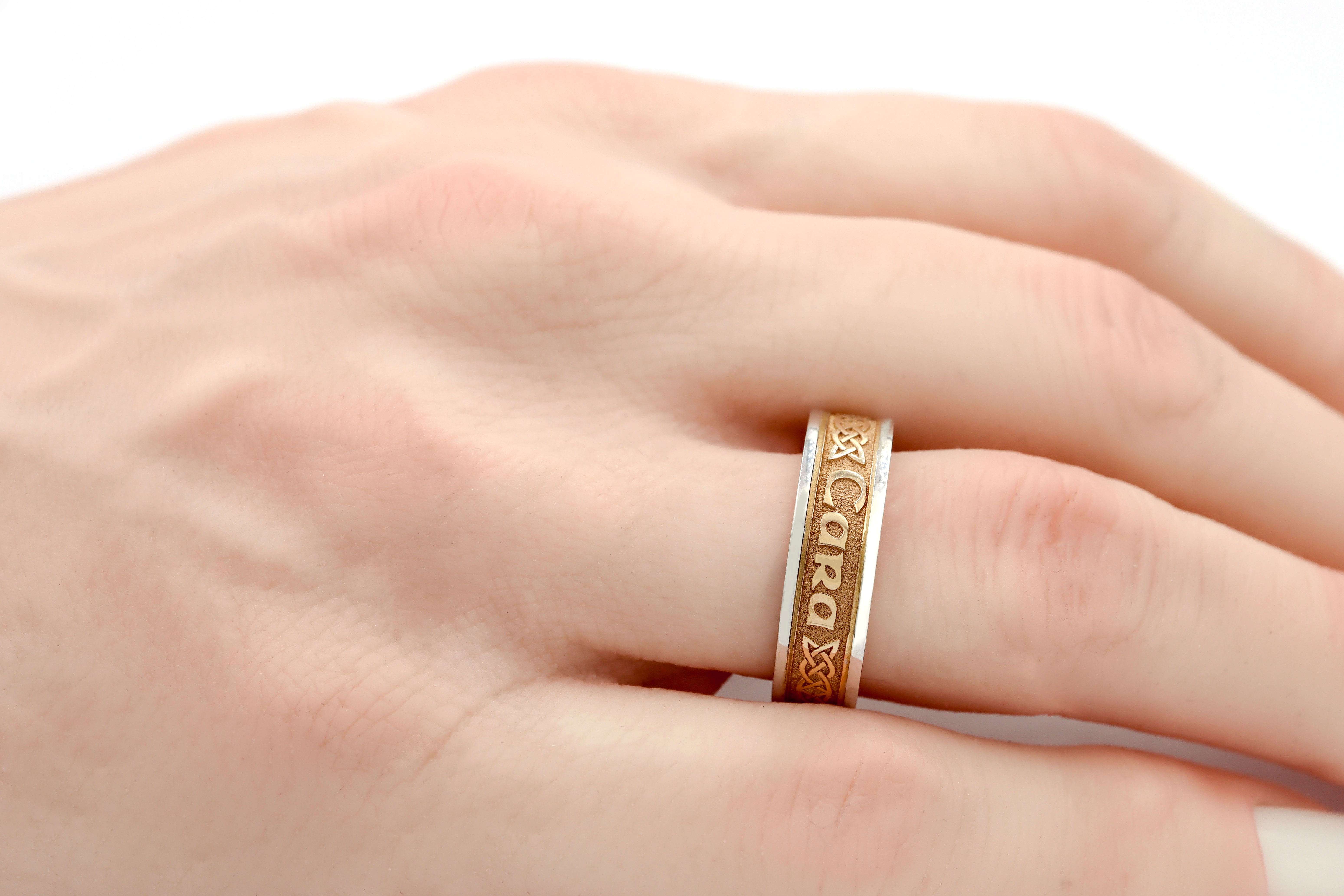 Real 10K Yellow Gold & White Gold Mo Anam Cara & Gaelic & Celtic Knot 6.5mm Ring For Men - Model Photo