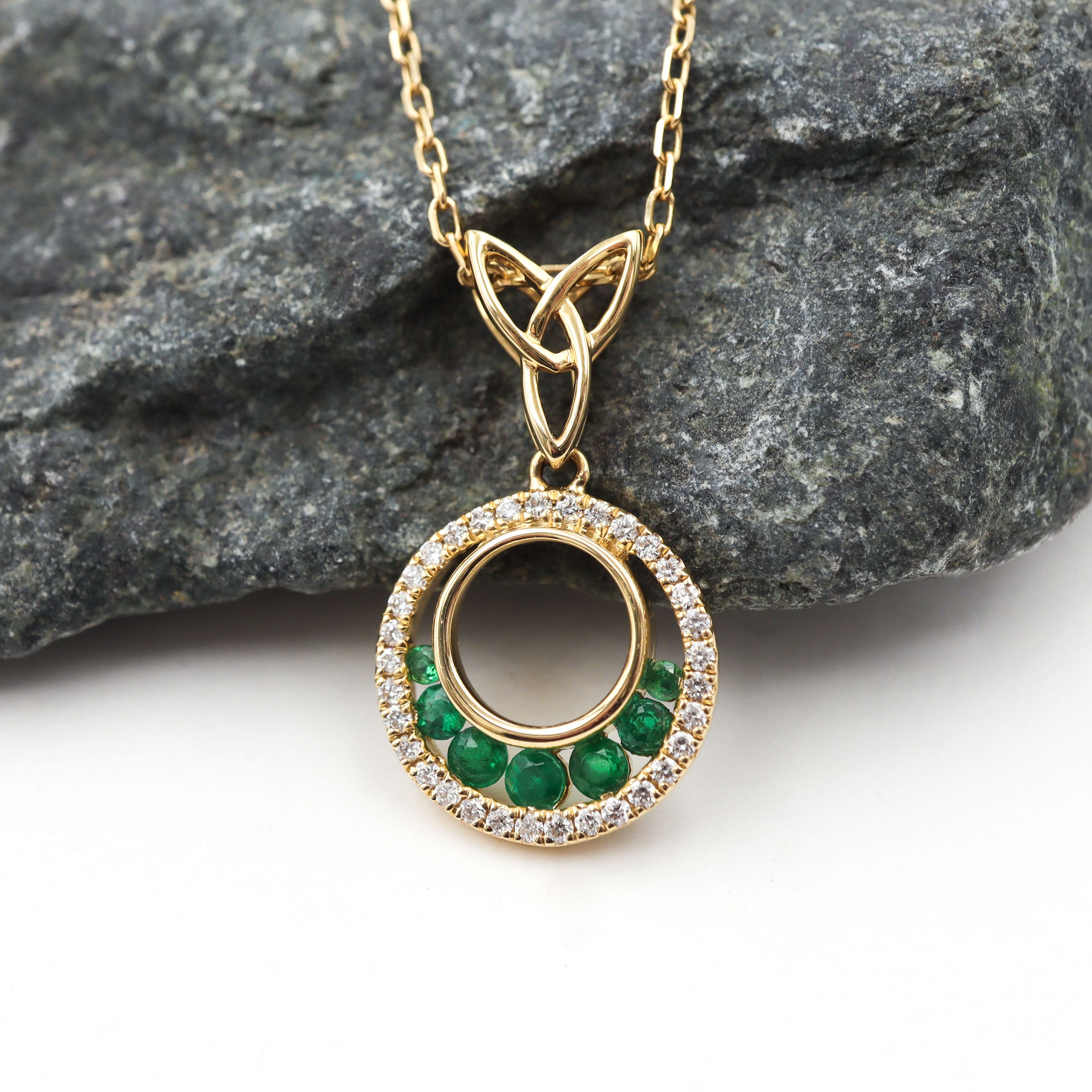 Trinity Halo Emerald and Diamond Necklace