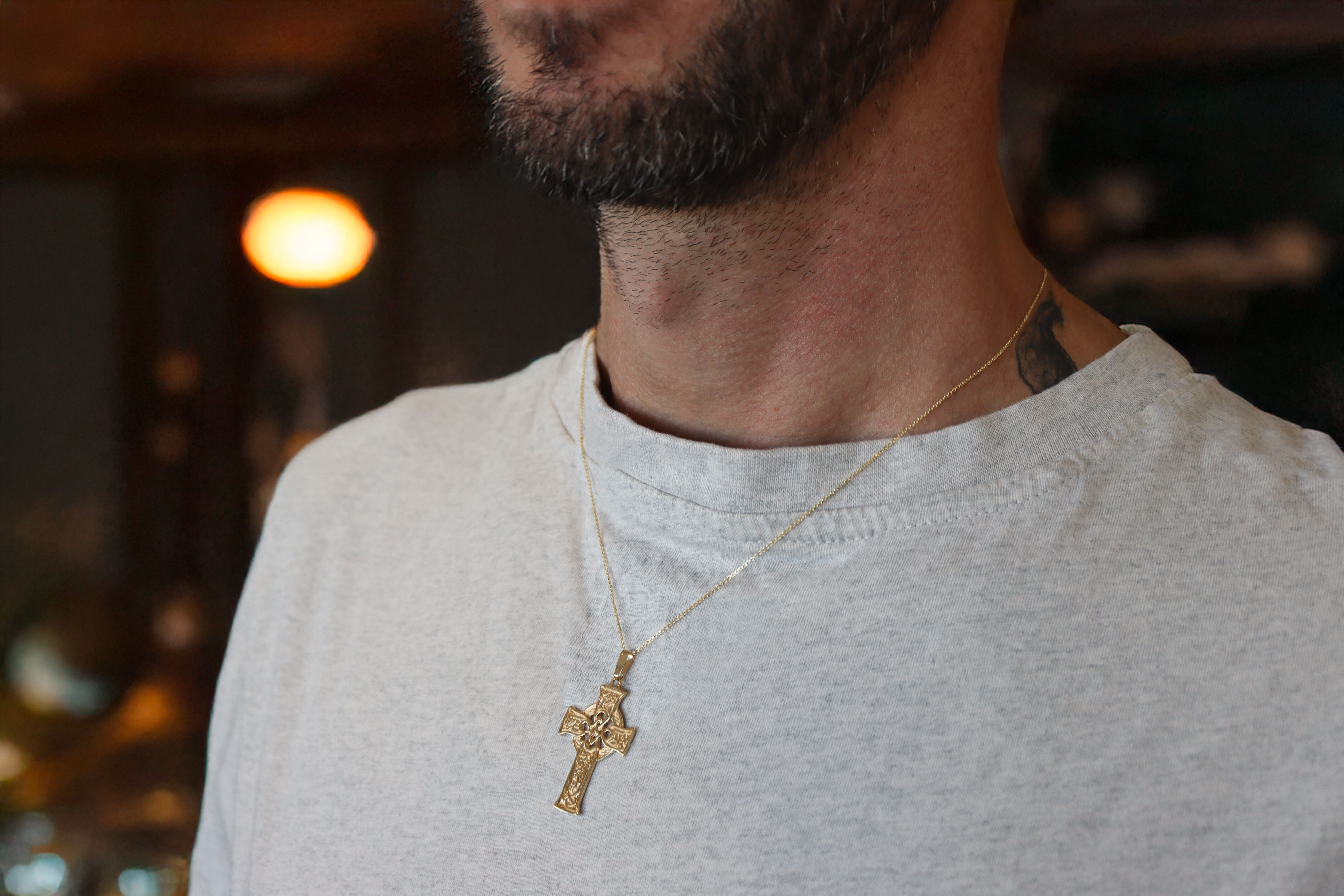 Real 14K Yellow Gold Celtic Cross Necklace - Model Photo