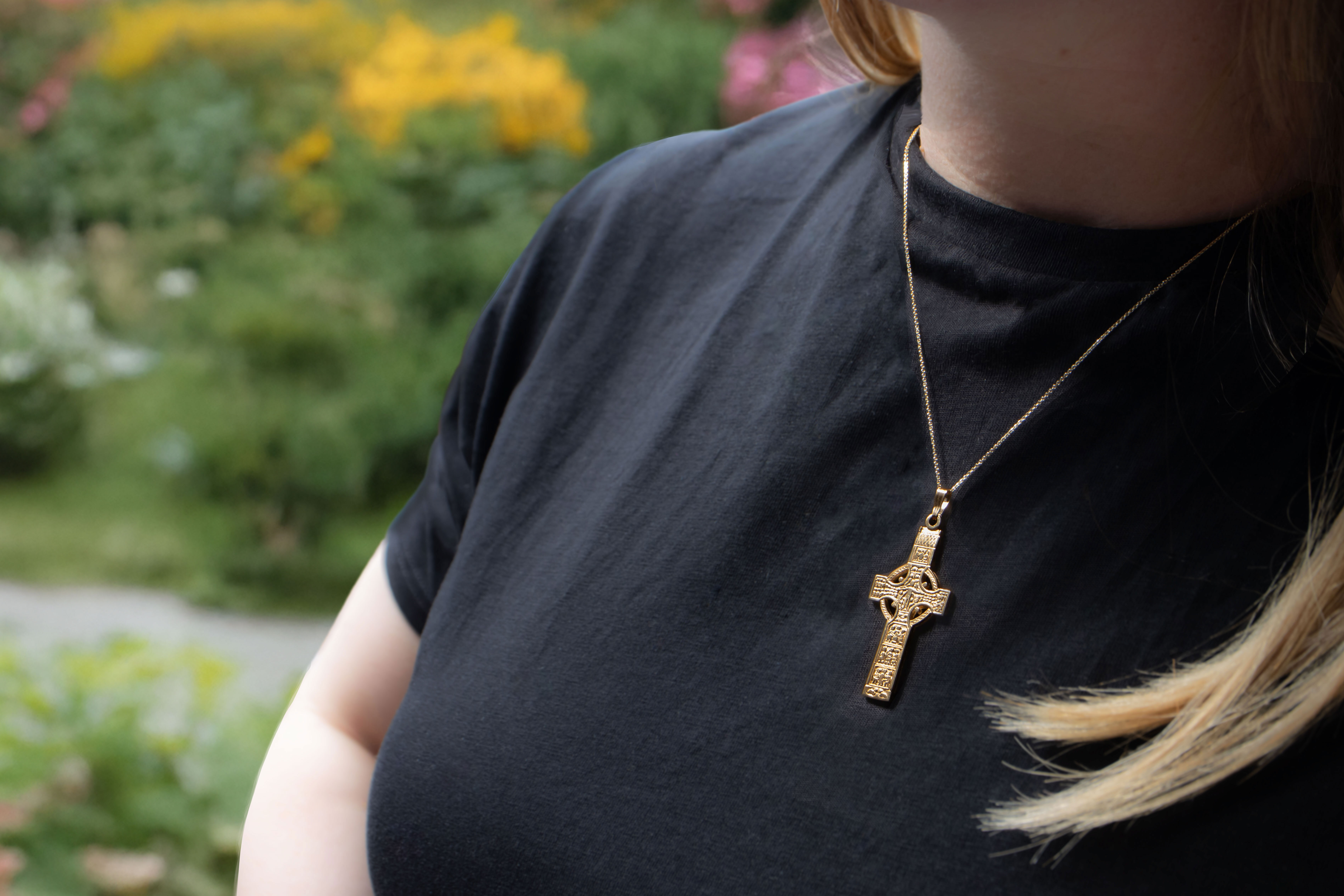 Heirloom Weight 10K Yellow Gold Celtic Cross Necklace - Model Photo