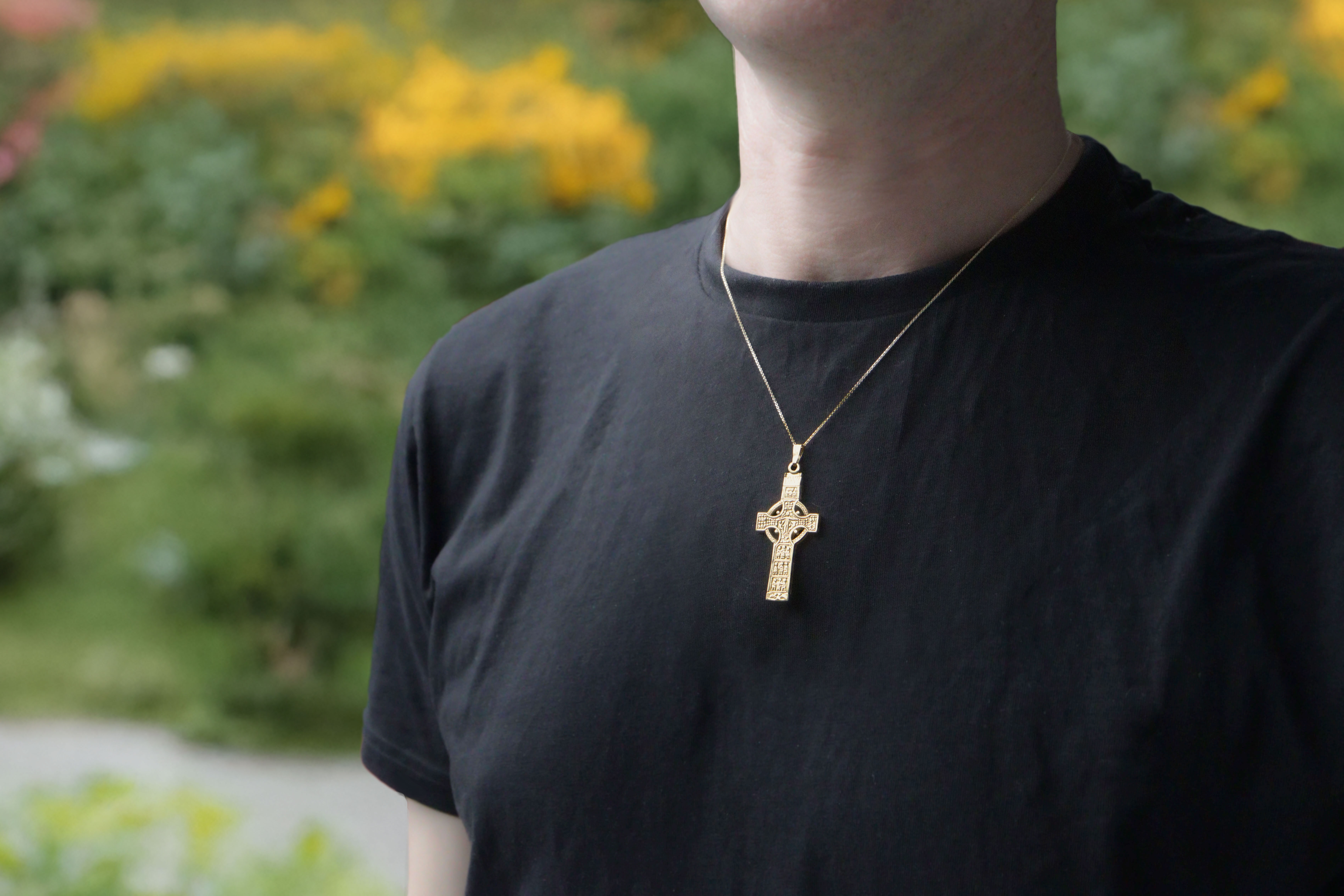Heirloom Weight 14K Yellow Gold Celtic Cross Necklace - Model Photo