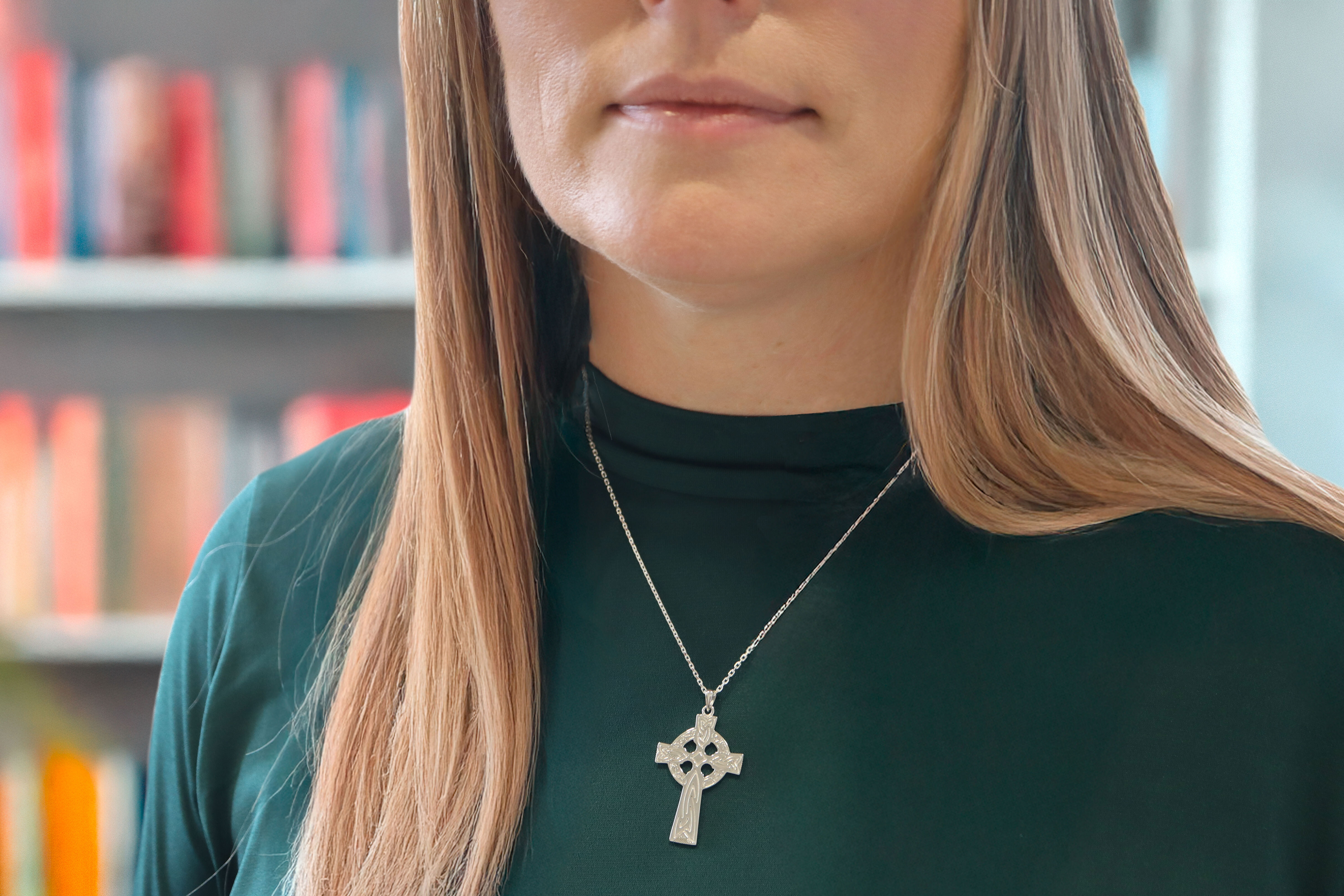 Large Mens Genuine Sterling Silver Celtic Cross Necklace - Model Photo