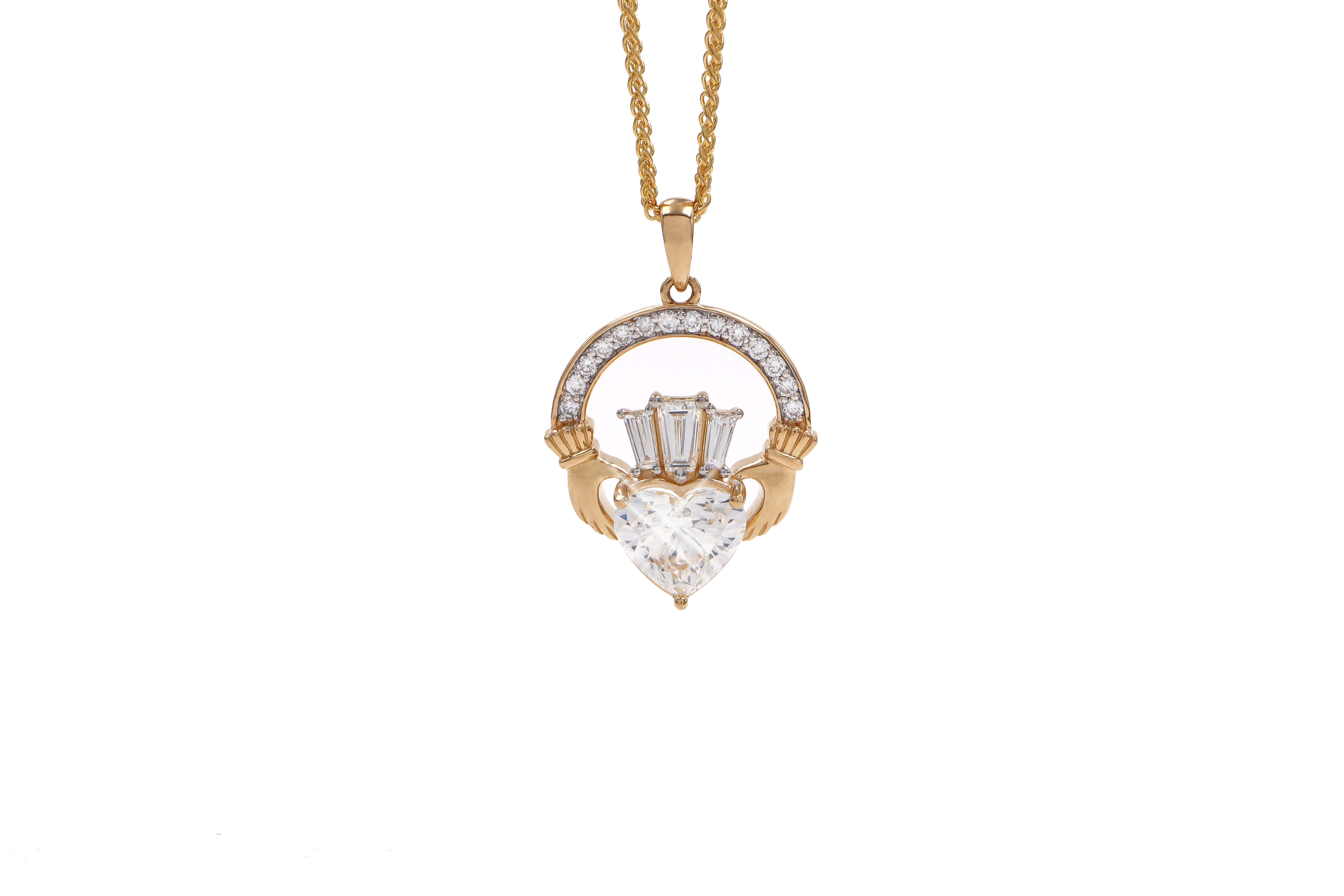 New Luxury 2ct Diamond Crown Claddagh Necklace large Sku 25226 white background