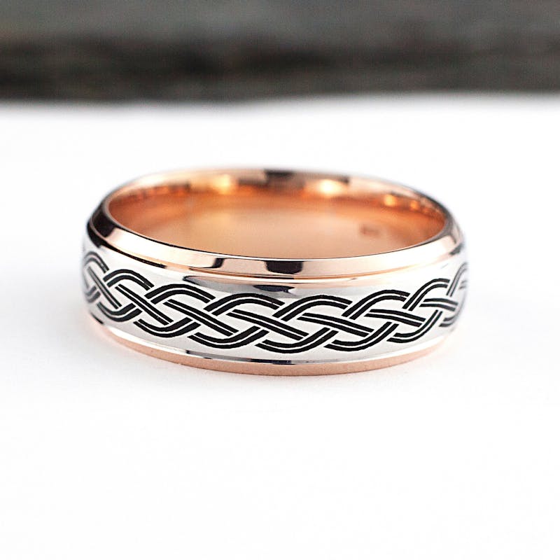 Attractive Rose Gold & Palladium Celtic Knot Ring. Pictured Flat.