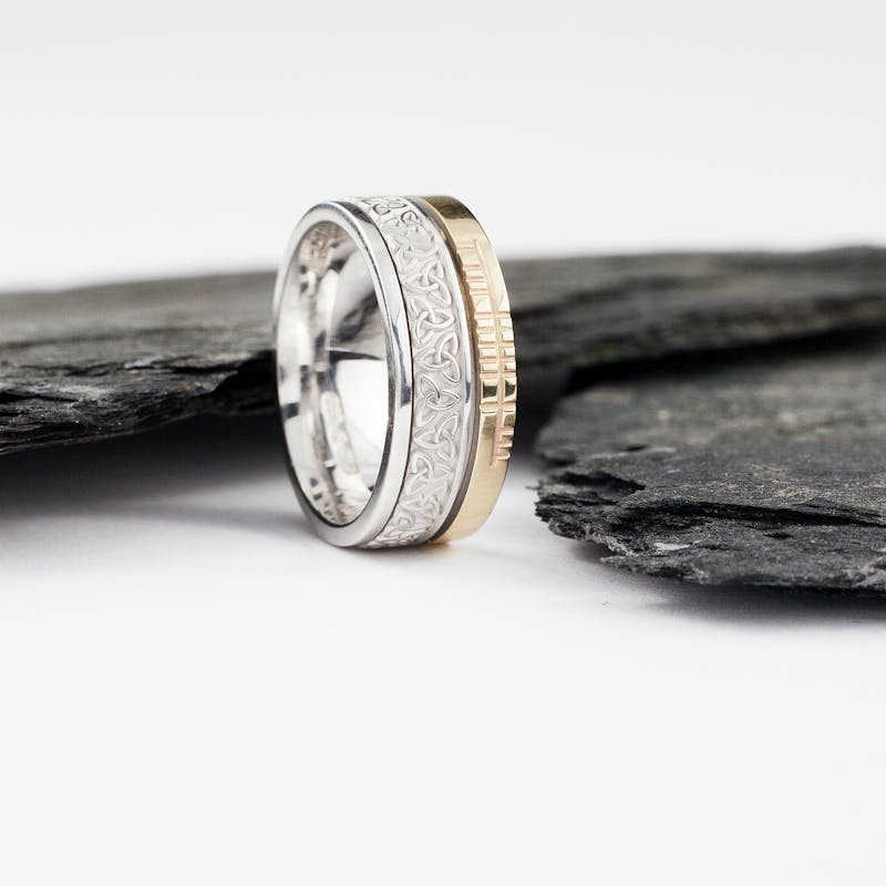 Irish White Gold & Yellow Gold Ogham 7.3mm Ring With a Florentine Finish