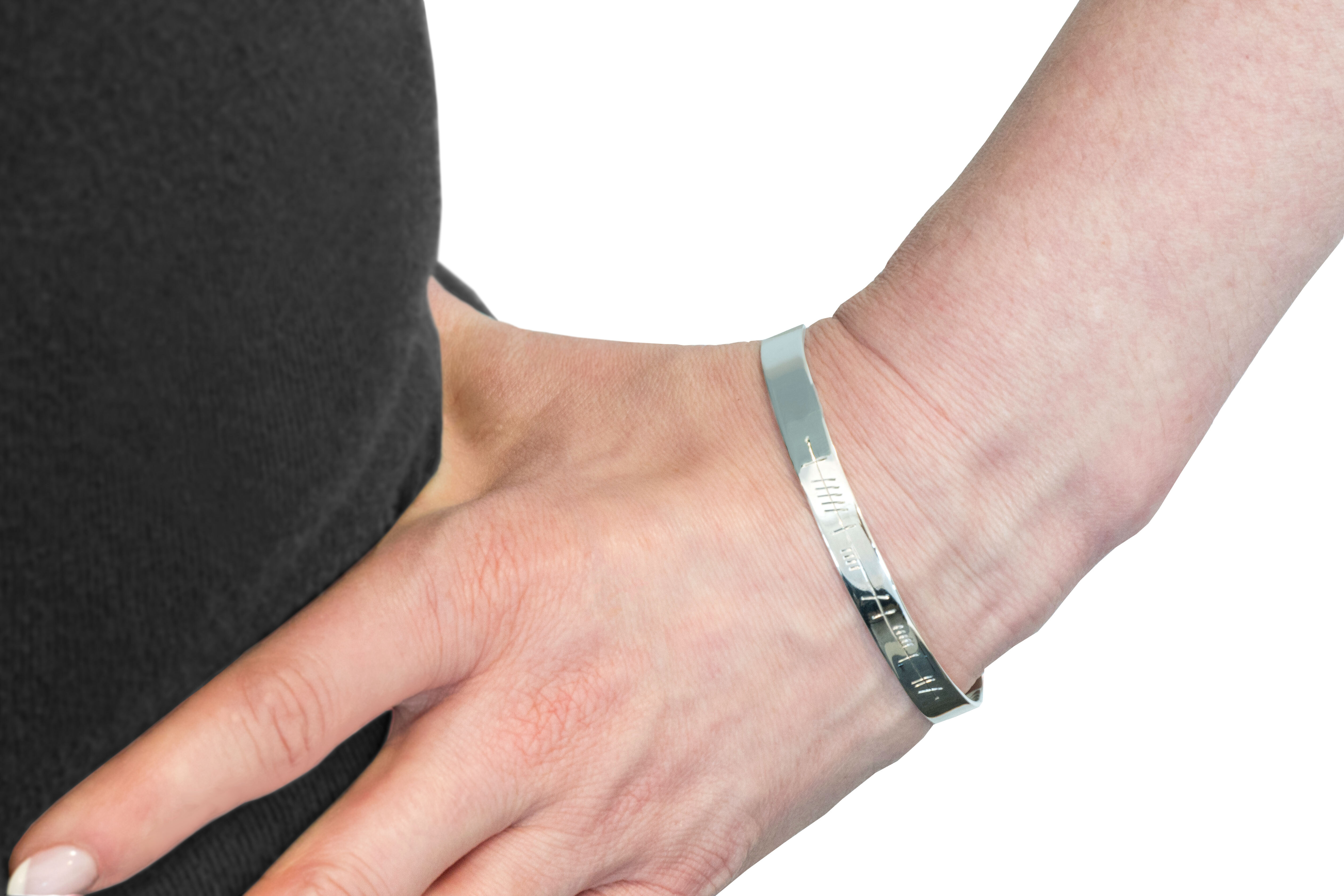 Womens Striking Polished Sterling Silver Ogham & Newgrange Personalizable Bracelet - Model Photo