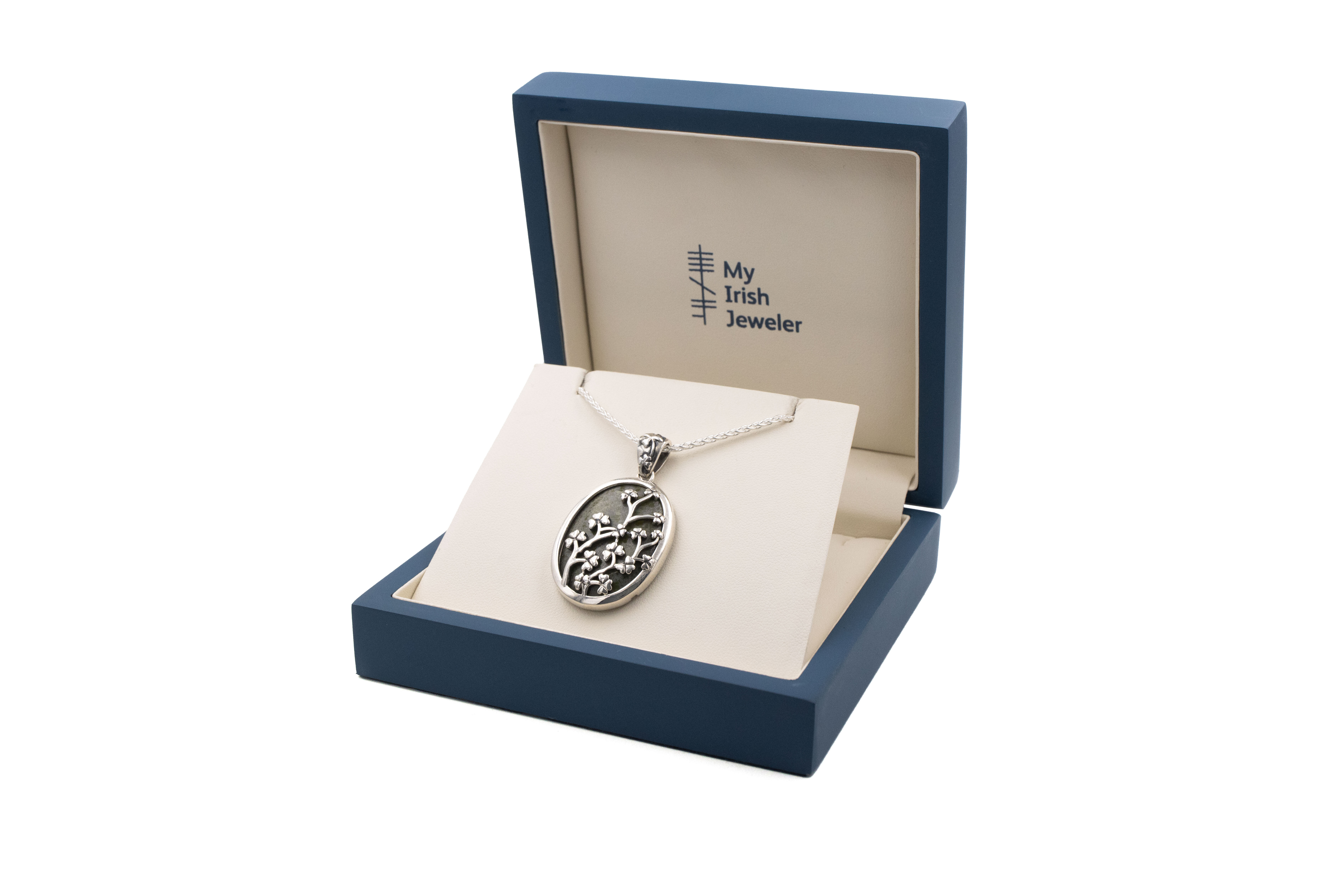 Striking Sterling Silver Shamrock & Connemara Marble Necklace For Women With a Polished Finish. In Luxury Packaging.