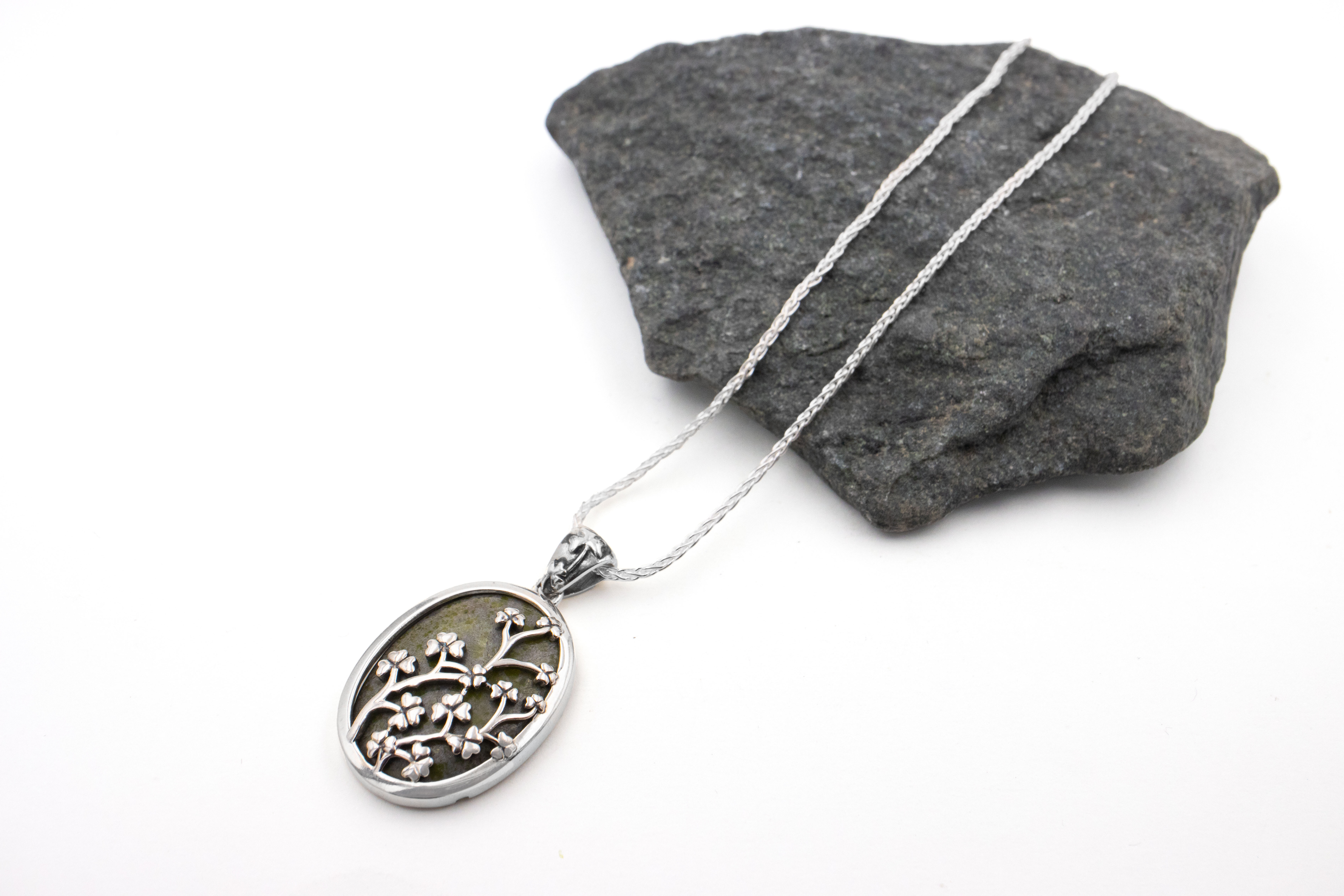 Womens Gorgeous Polished Sterling Silver Shamrock Necklace. Pictured Flat.