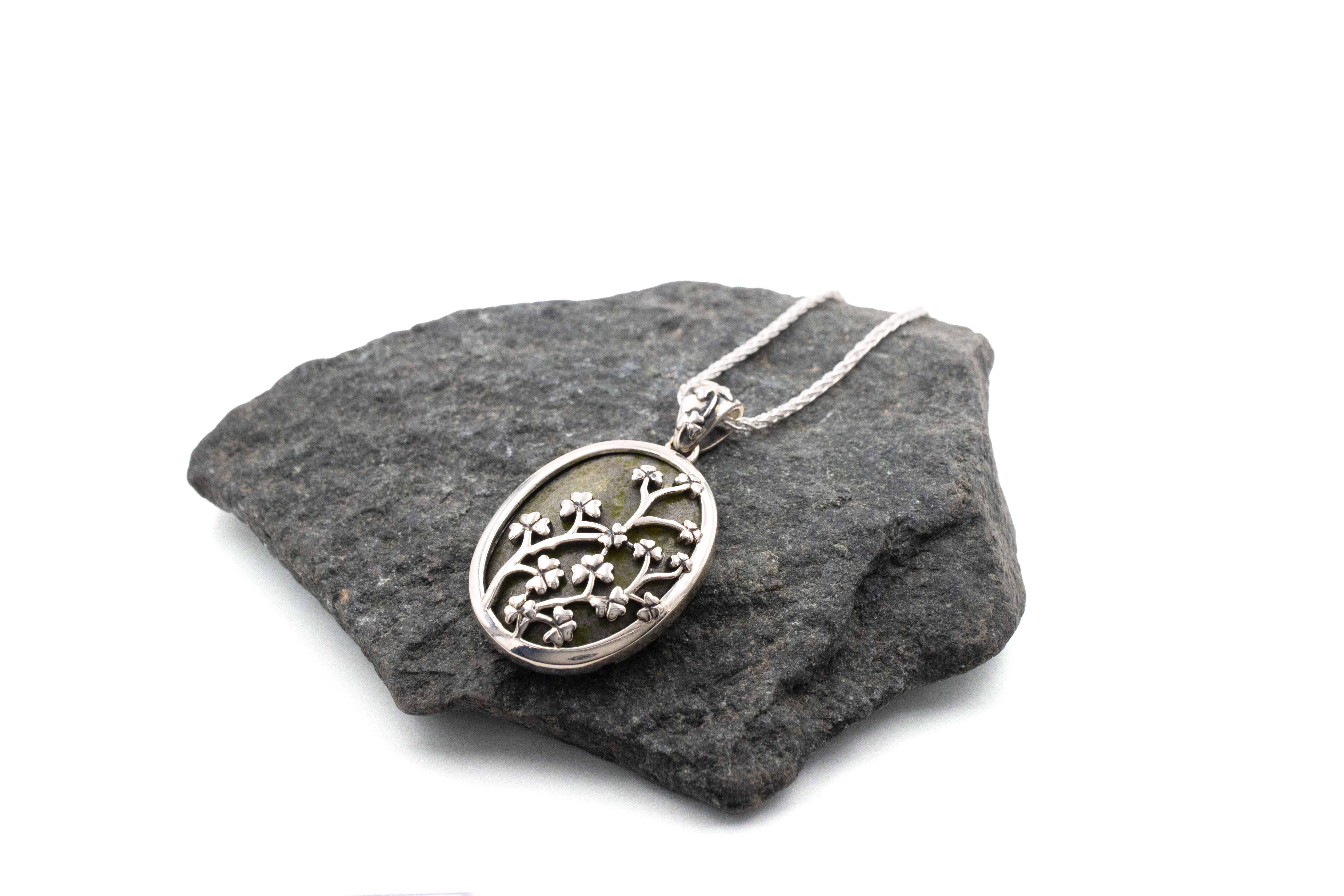 Genuine Sterling Silver Shamrock & Connemara Marble Necklace With a Polished Finish For Women
