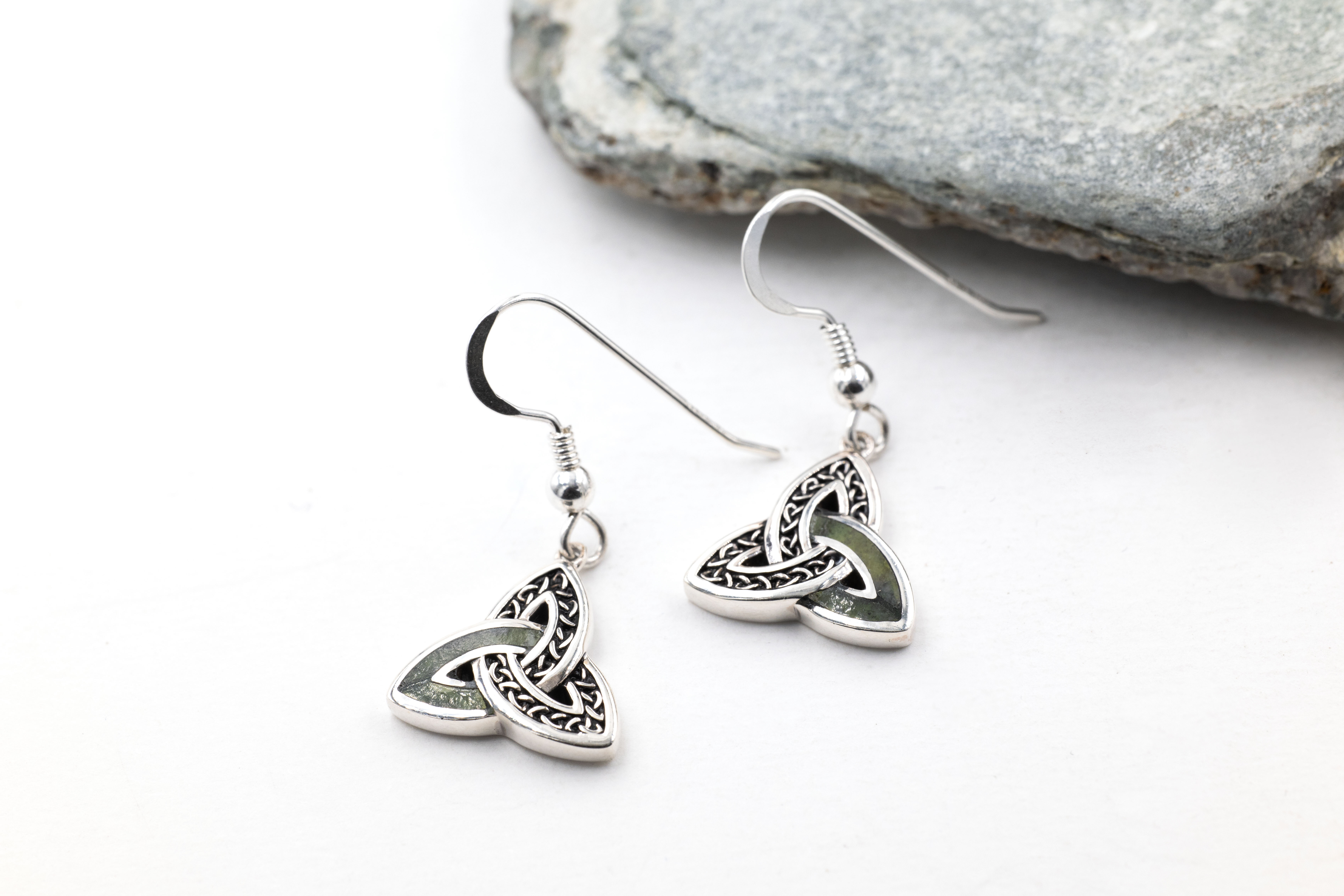 Womens Connemara Marble & Trinity Knot Gift Set in Sterling Silver With a Oxidised Finish. Pictured Flat.