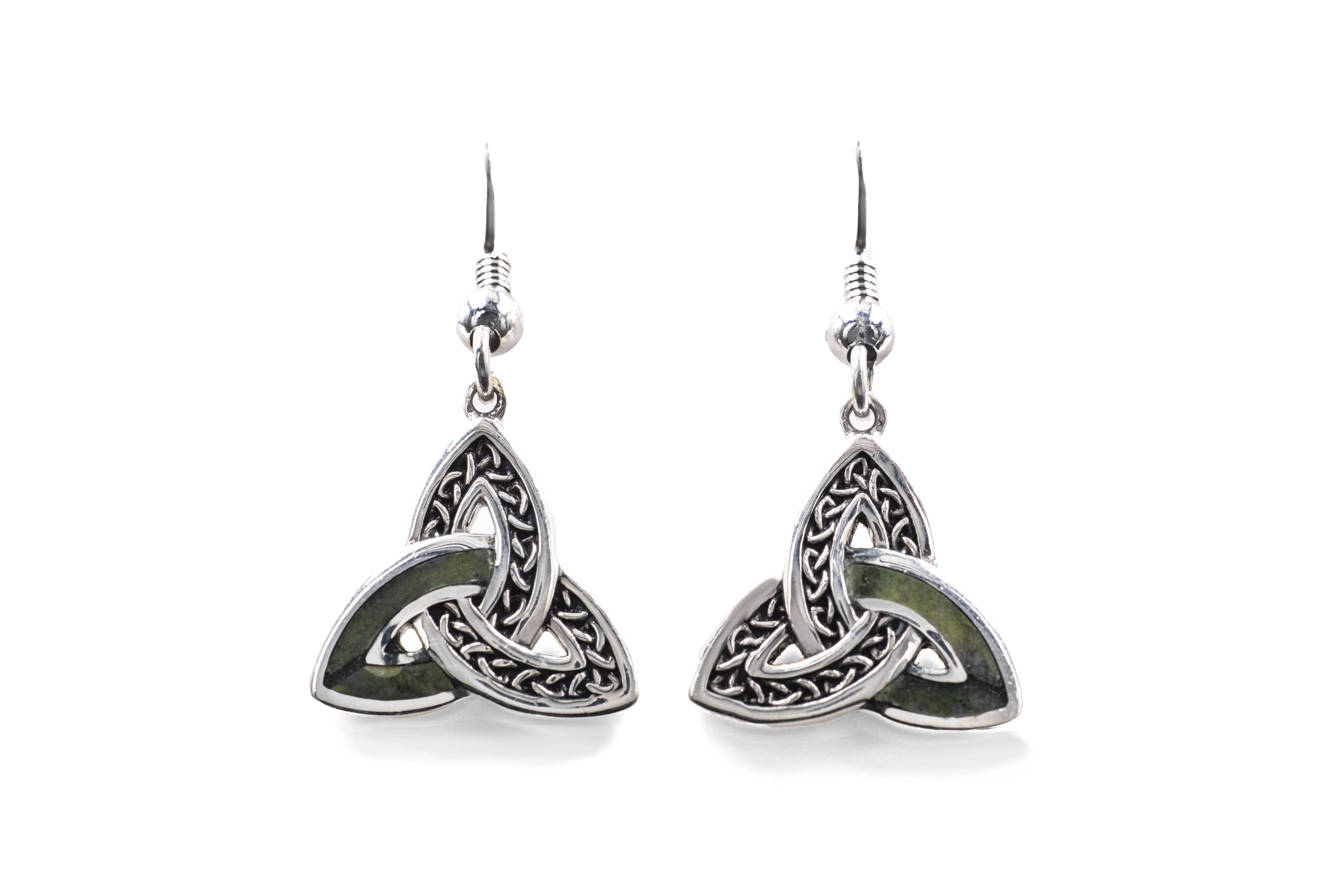 Genuine Sterling Silver Trinity Knot & Connemara Marble Earrings For Women With a Oxidised Finish