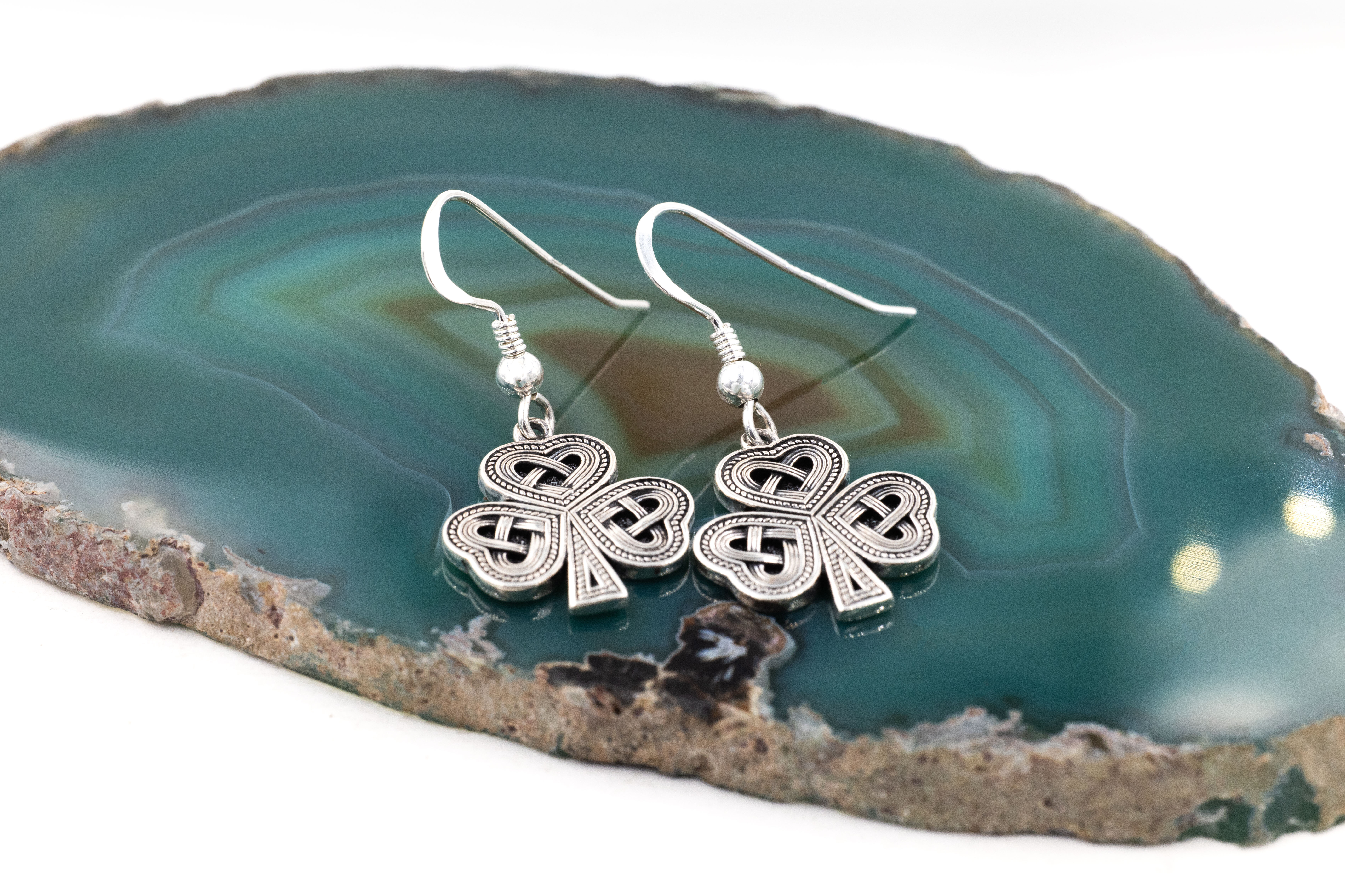 Womens Oxidized Sterling Silver Shamrock Earrings