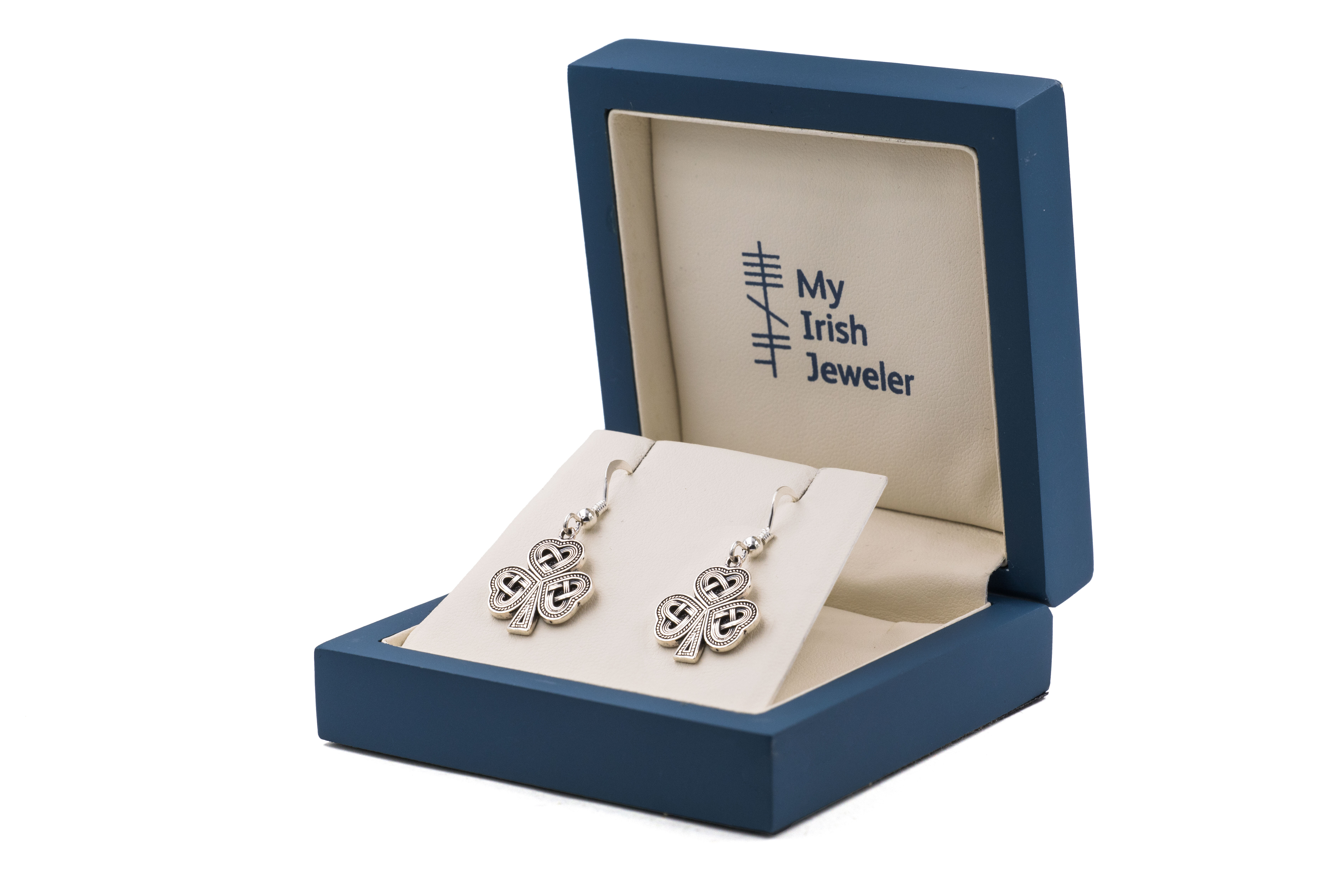 Womens Genuine Oxidized Sterling Silver Shamrock Earrings. In Luxury Packaging.