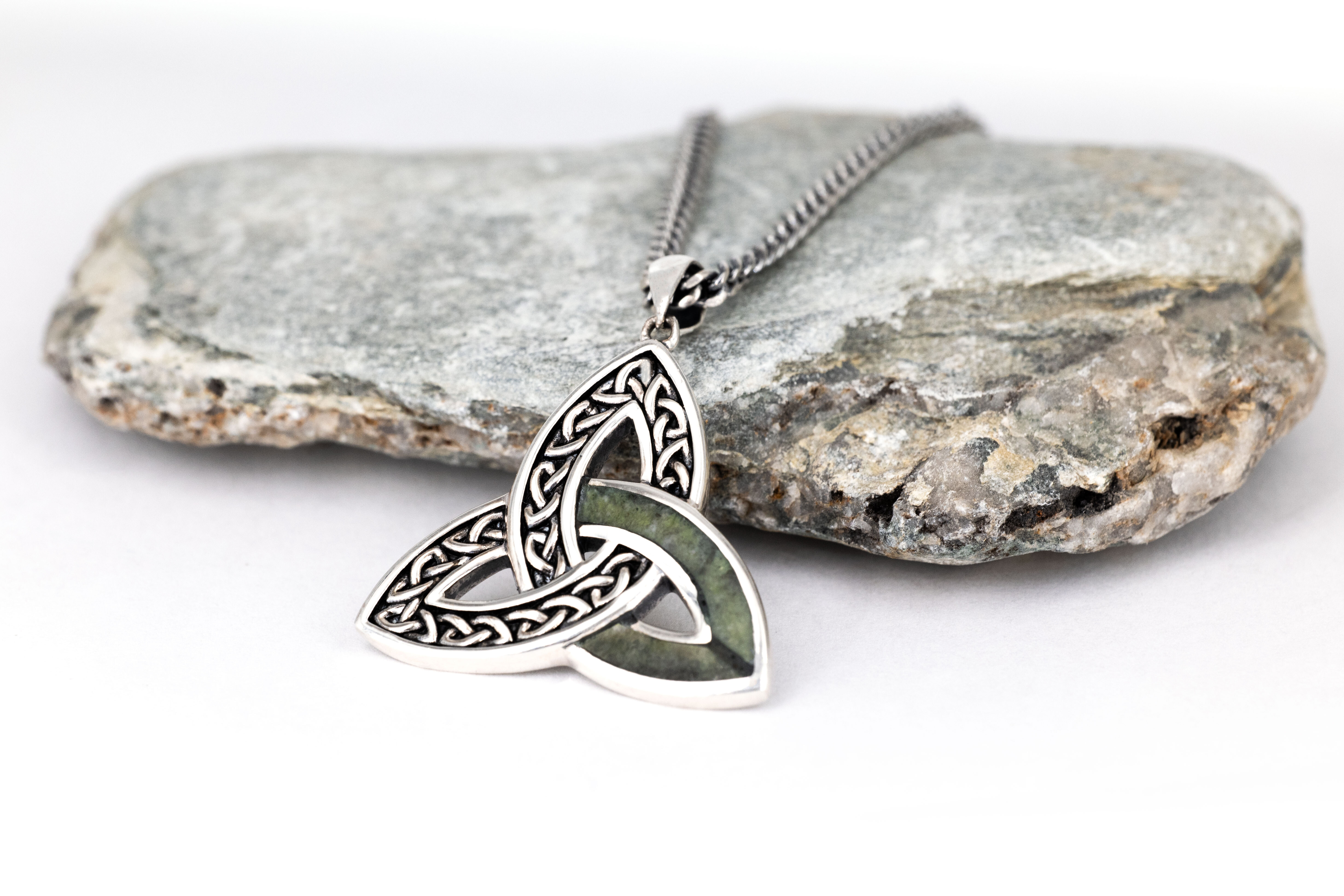 Attractive Sterling Silver Trinity Knot & Connemara Marble Necklace With a Oxidised Finish