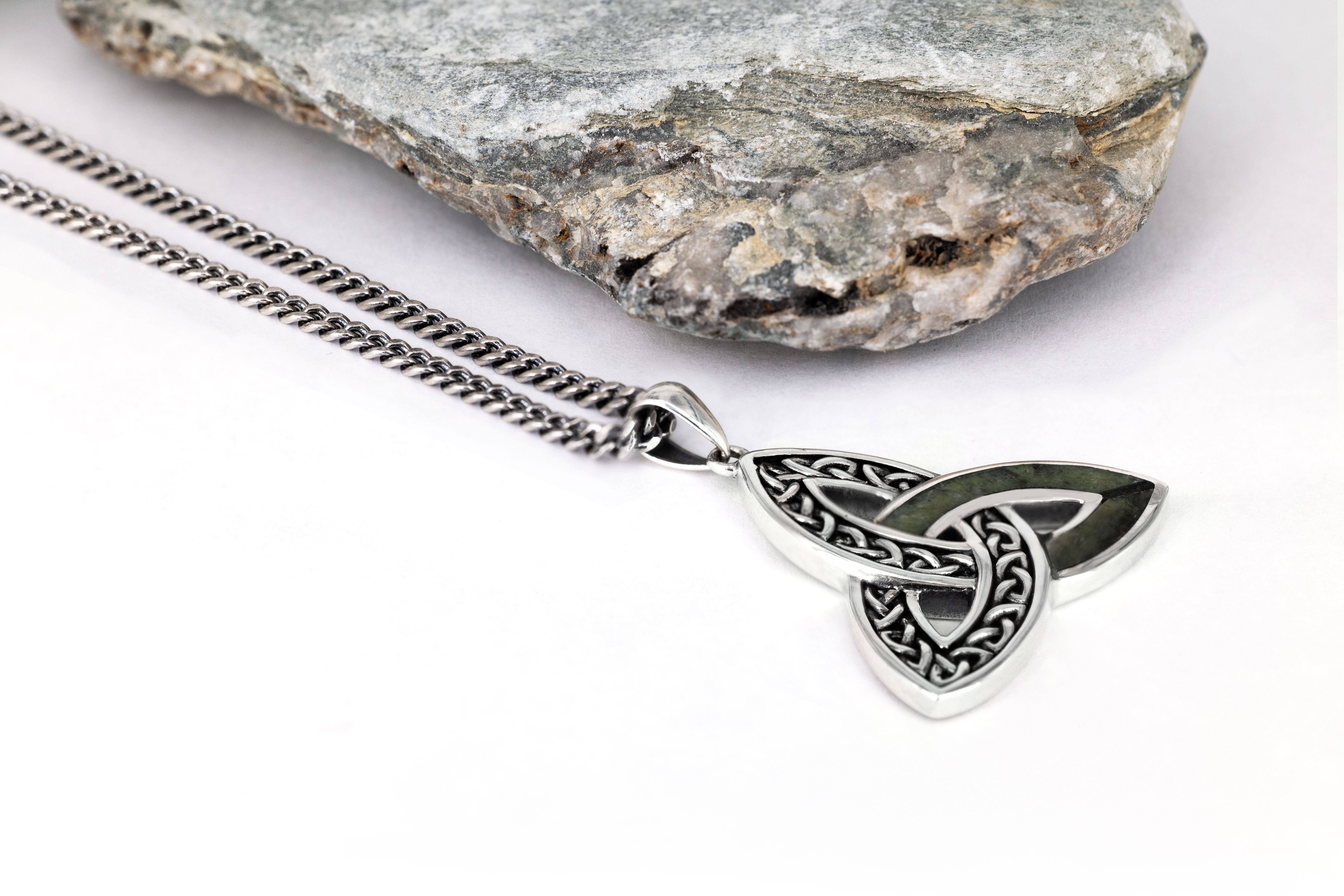 Authentic Sterling Silver Trinity Knot Necklace With a Oxidised Finish. Pictured Flat.