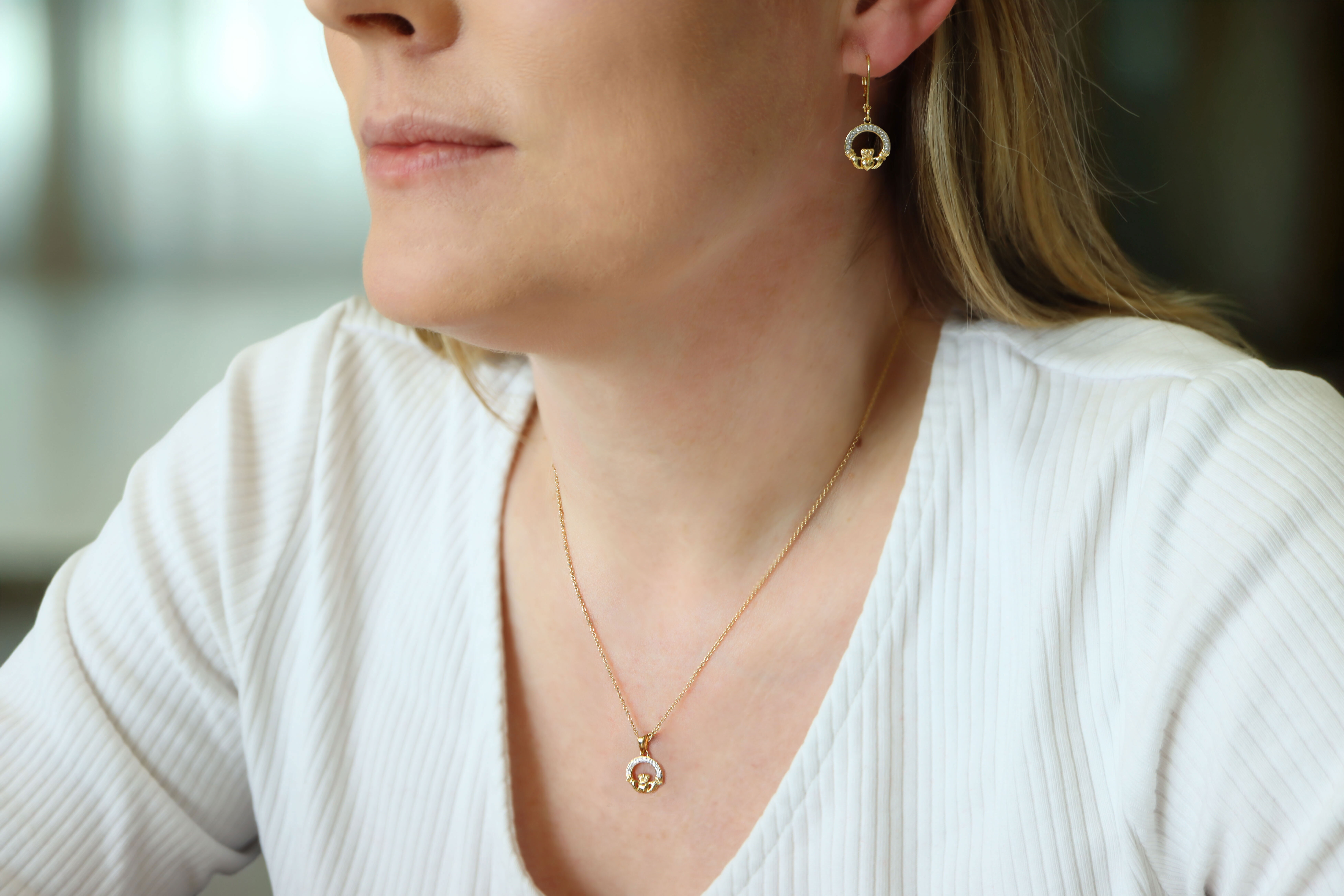 Petite Gold Vermeil Claddagh Necklace Sku 25158 with matching Drop earrings model