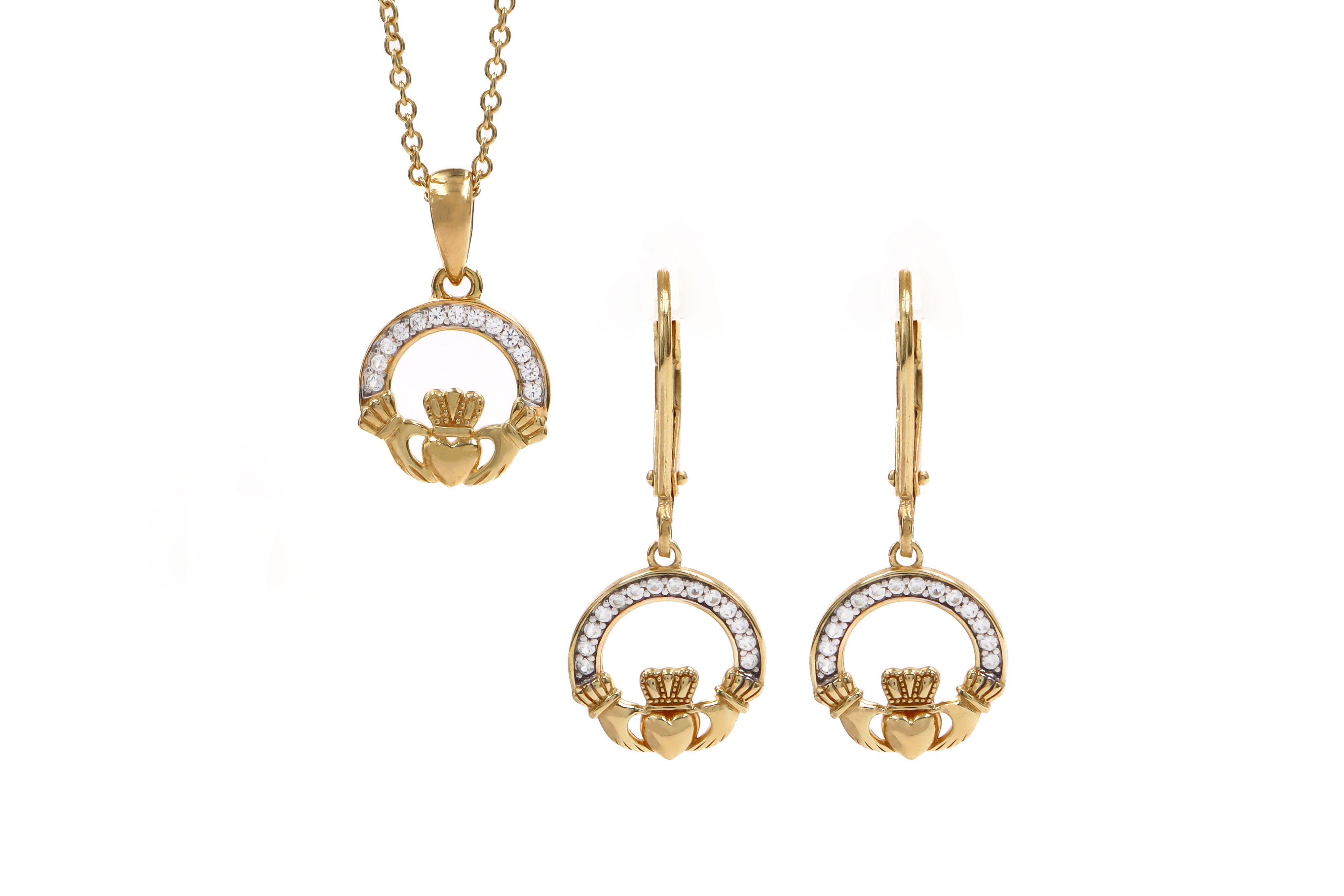 Petite Gold Vermeil Claddagh Necklace Sku 25158 with matching Drop earrings white background