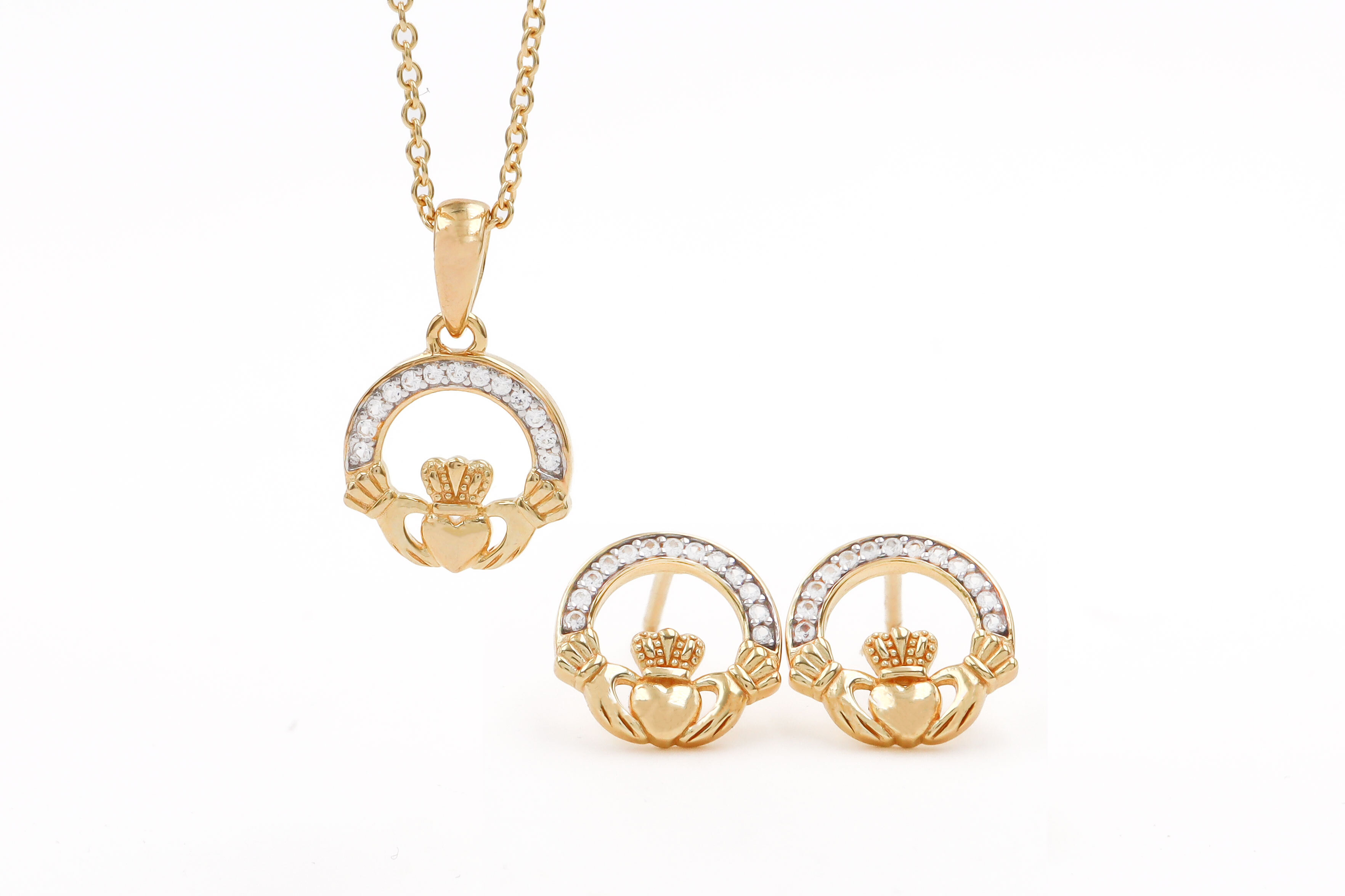 Petite Gold Vermeil Claddagh Necklace Sku 25158 with matching stud earrings white background