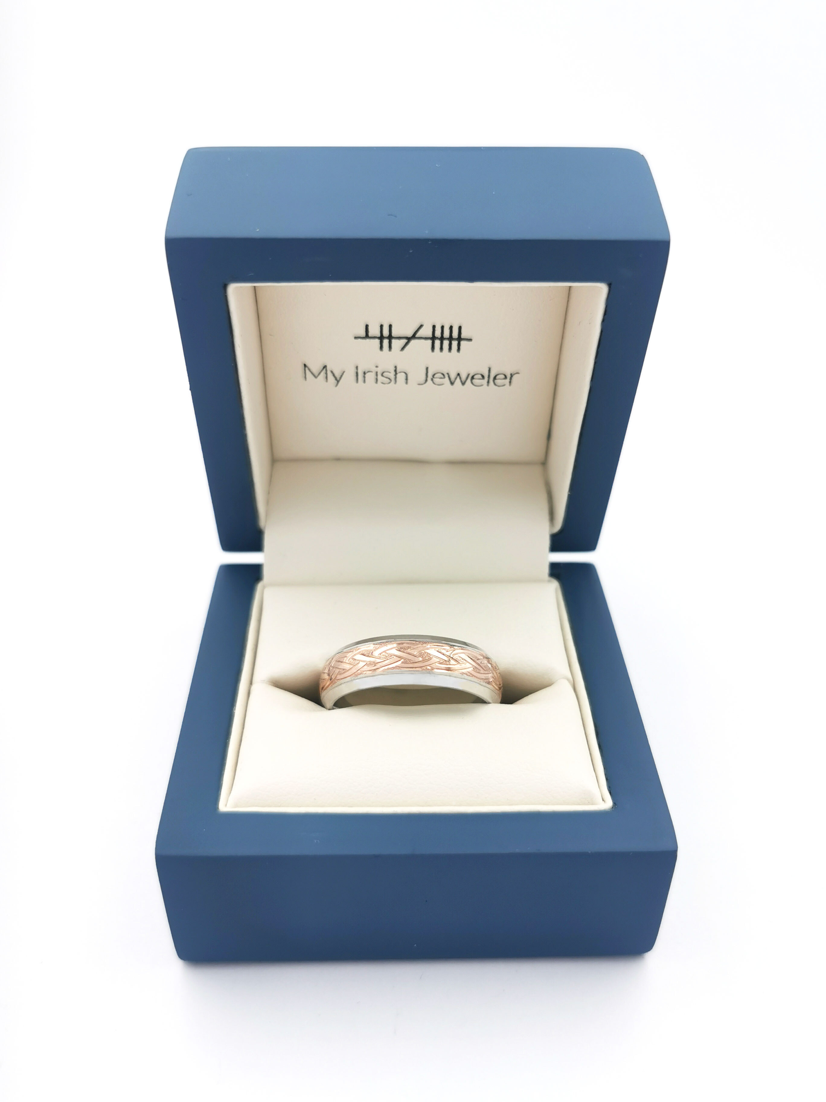 Gorgeous Platinum & Rose Gold Celtic Knot Wedding Ring. In Luxury Packaging.