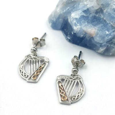 Sterling Silver And Irish Rose Gold Harp Drop Earrings