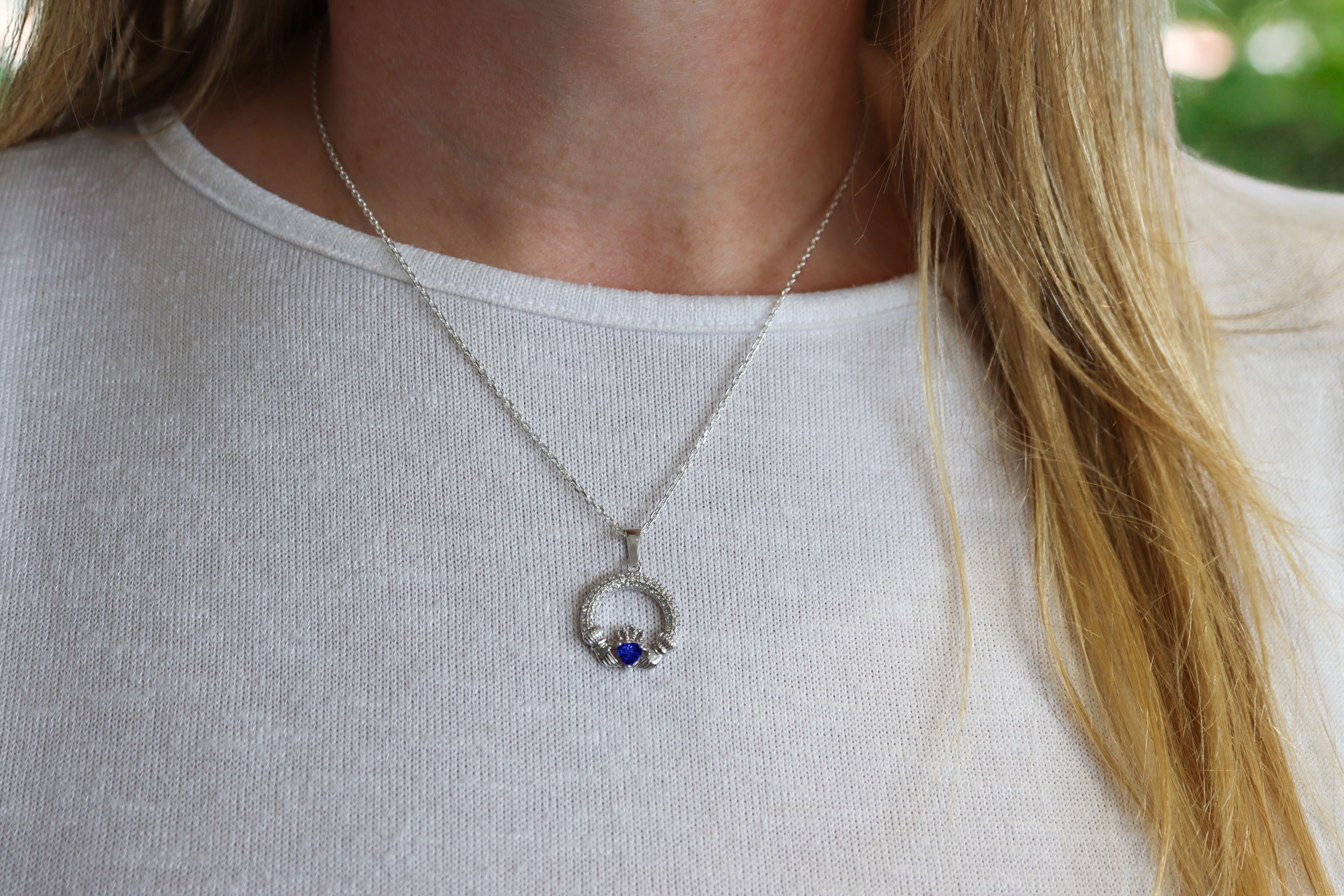 Womens September Birthstone Necklace in Real Sterling Silver - Model Photo