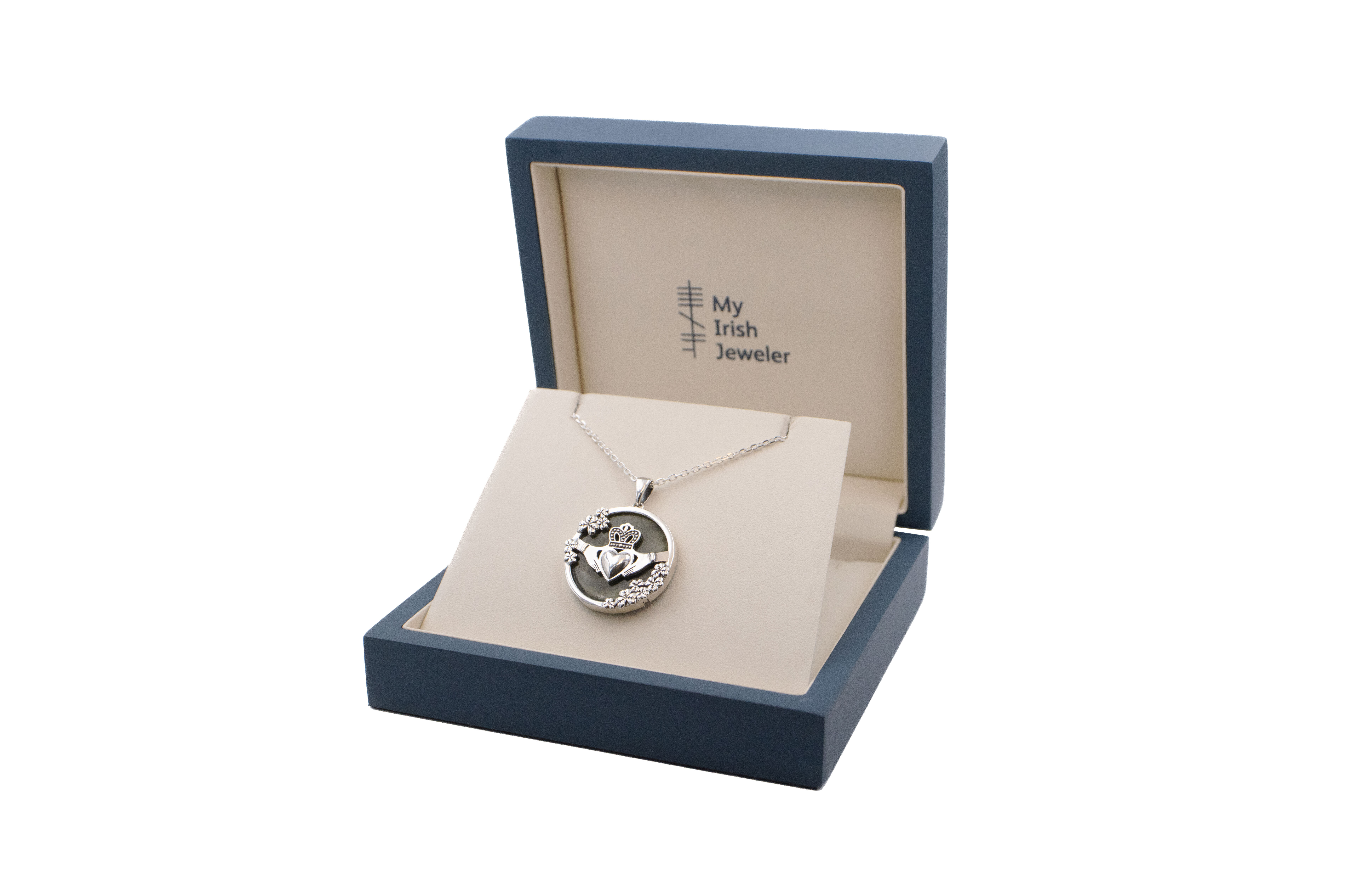 Striking Sterling Silver Claddagh & Shamrock & Connemara Marble Necklace For Women With a Polished Finish. In Luxury Packaging.