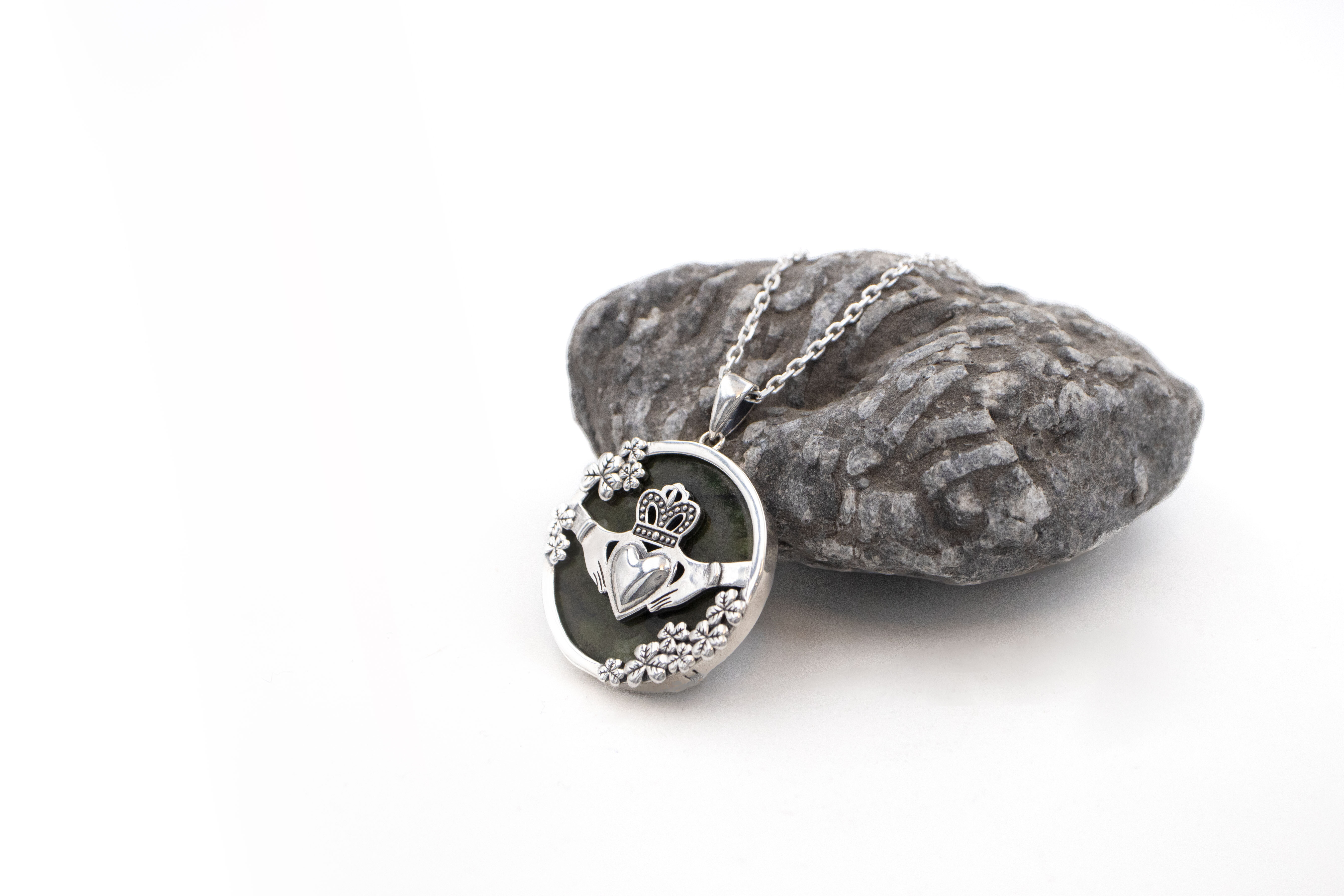 Attractive Sterling Silver Claddagh & Shamrock & Connemara Marble Necklace For Women With a Polished Finish. Side View.