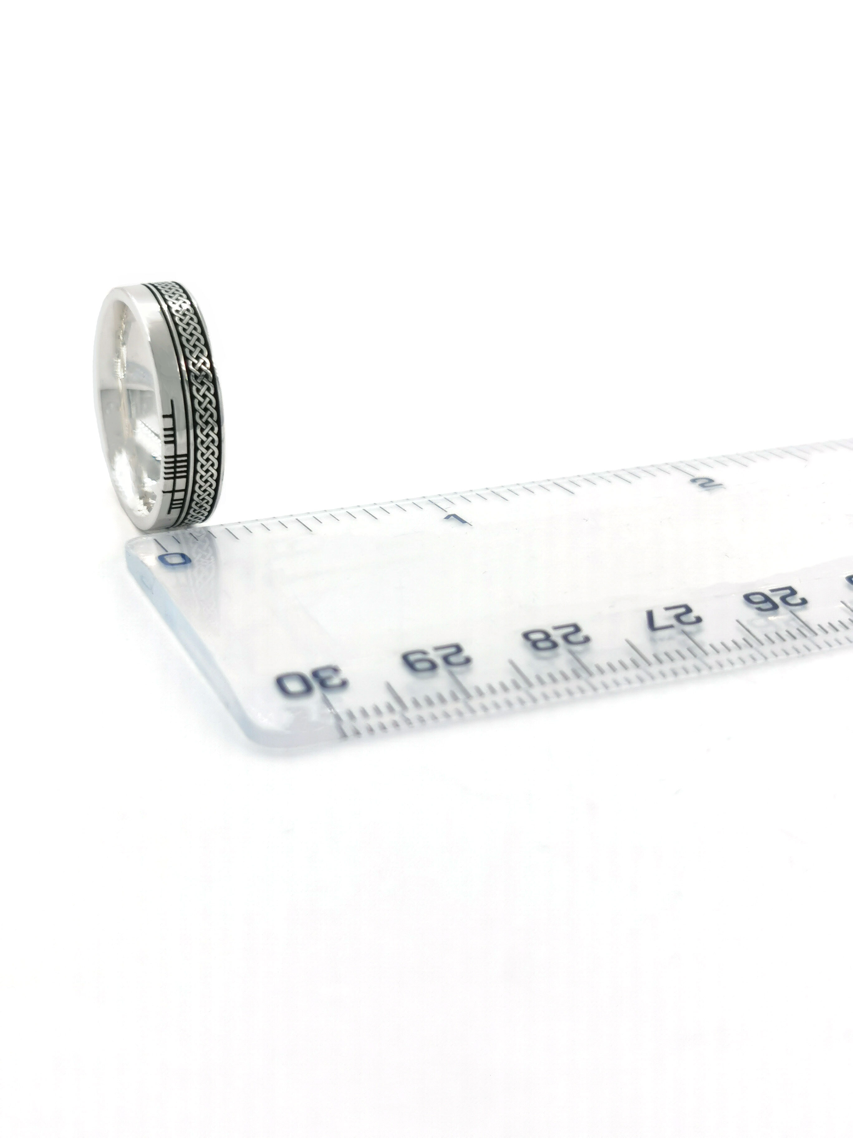 Real Sterling Silver Ogham & Celtic Knot 7.3mm Ring With a Oxidised Finish. Picture For Scale.