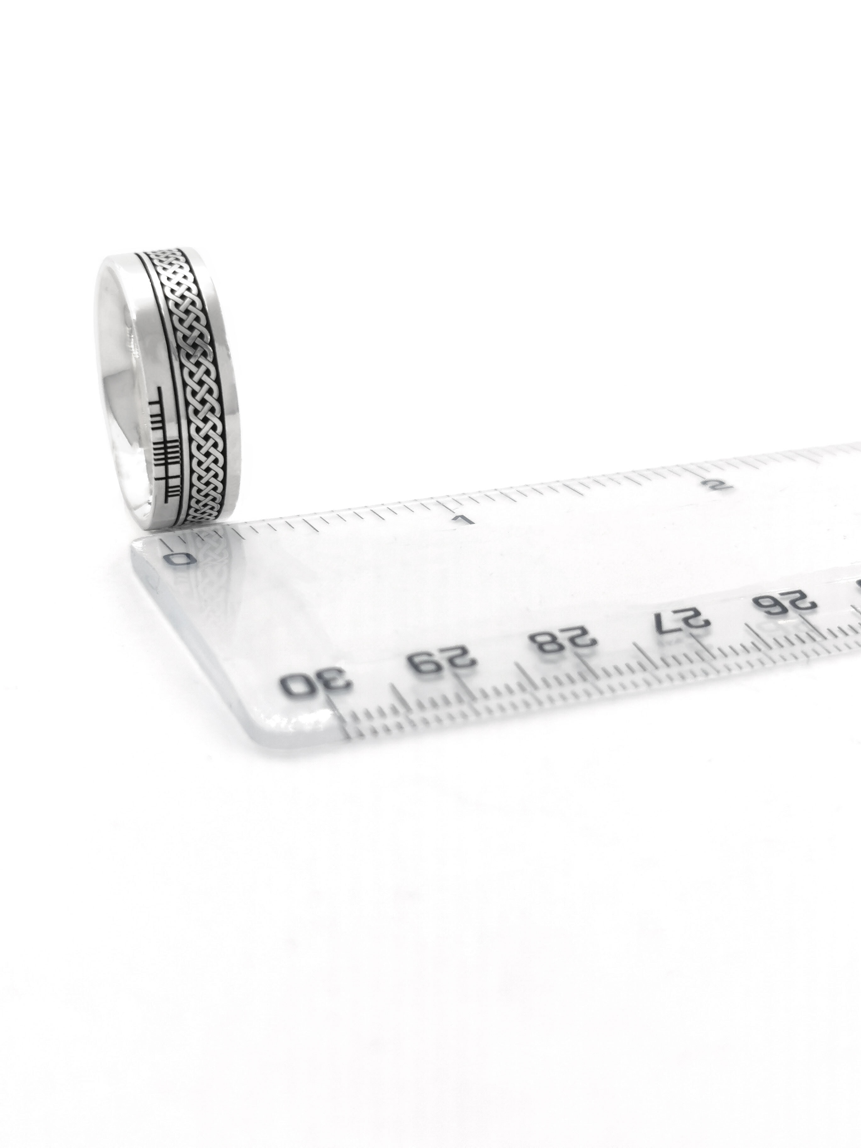 Attractive Sterling Silver Ogham 7.3mm Ring With a Oxidized Finish. Picture For Scale.