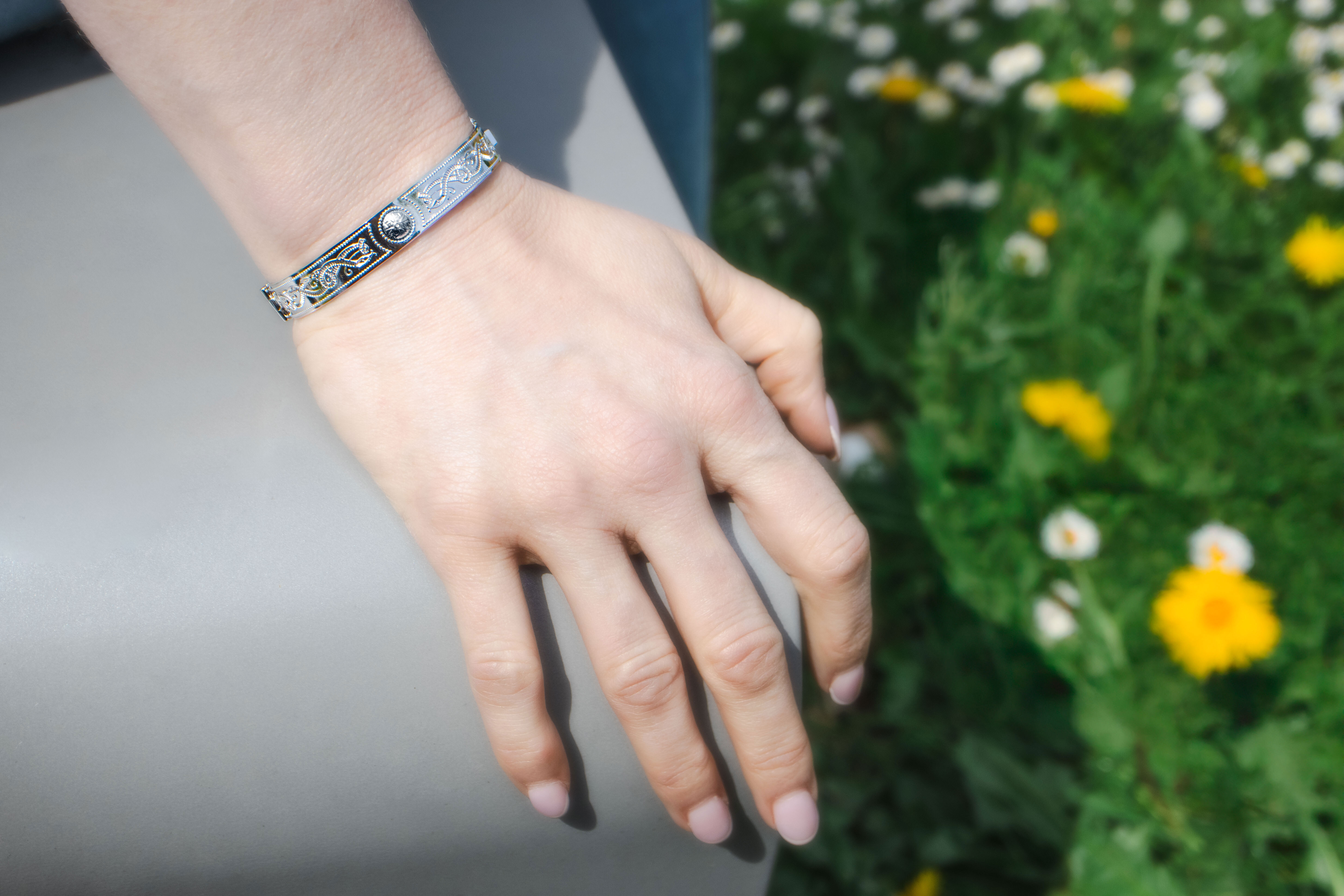 Gorgeous Sterling Silver Celtic Warrior Bangle For Women - Model Photo