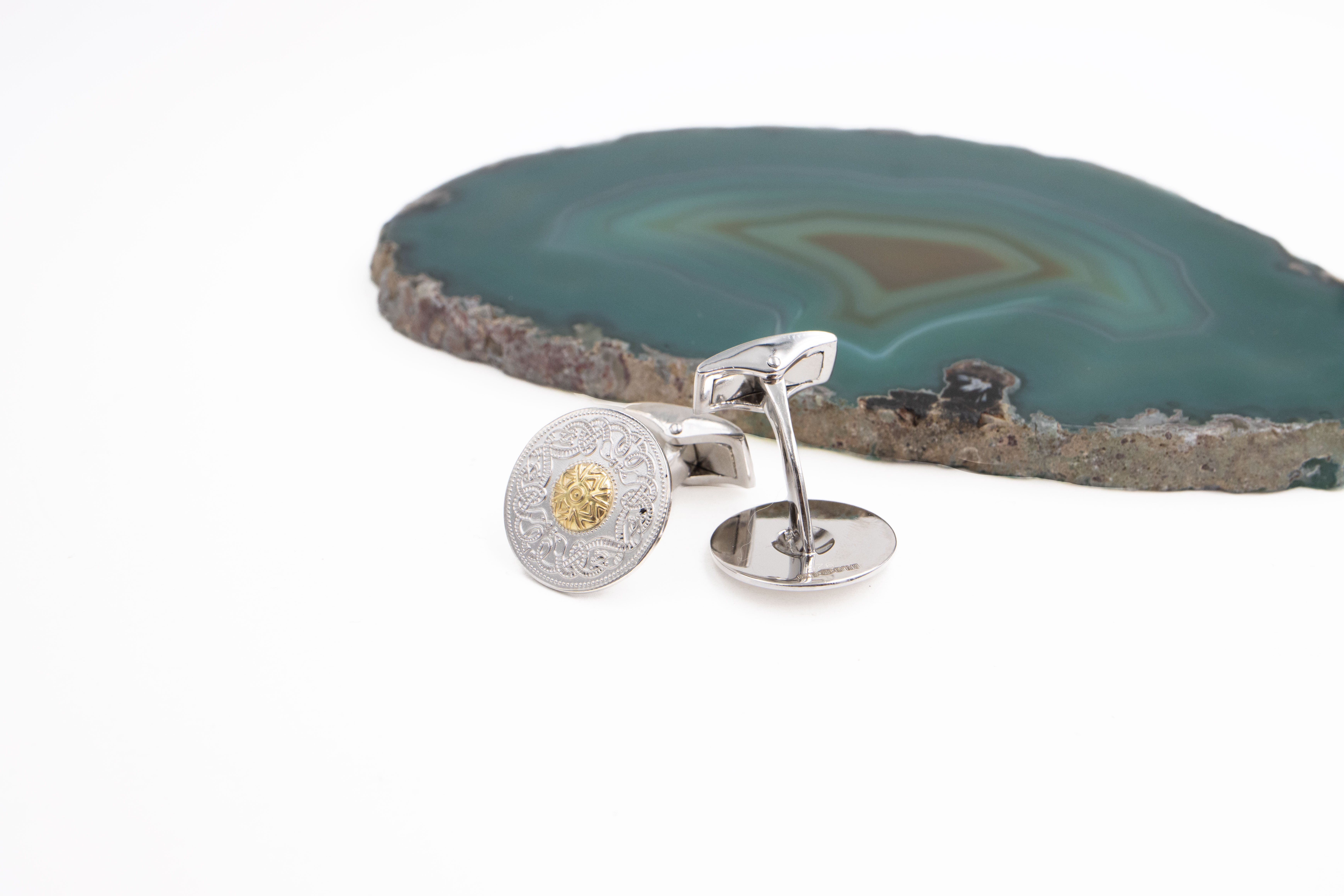 Striking Sterling Silver & 18K Yellow Gold Celtic Knot Cufflinks For Men. Picture Of The Back.