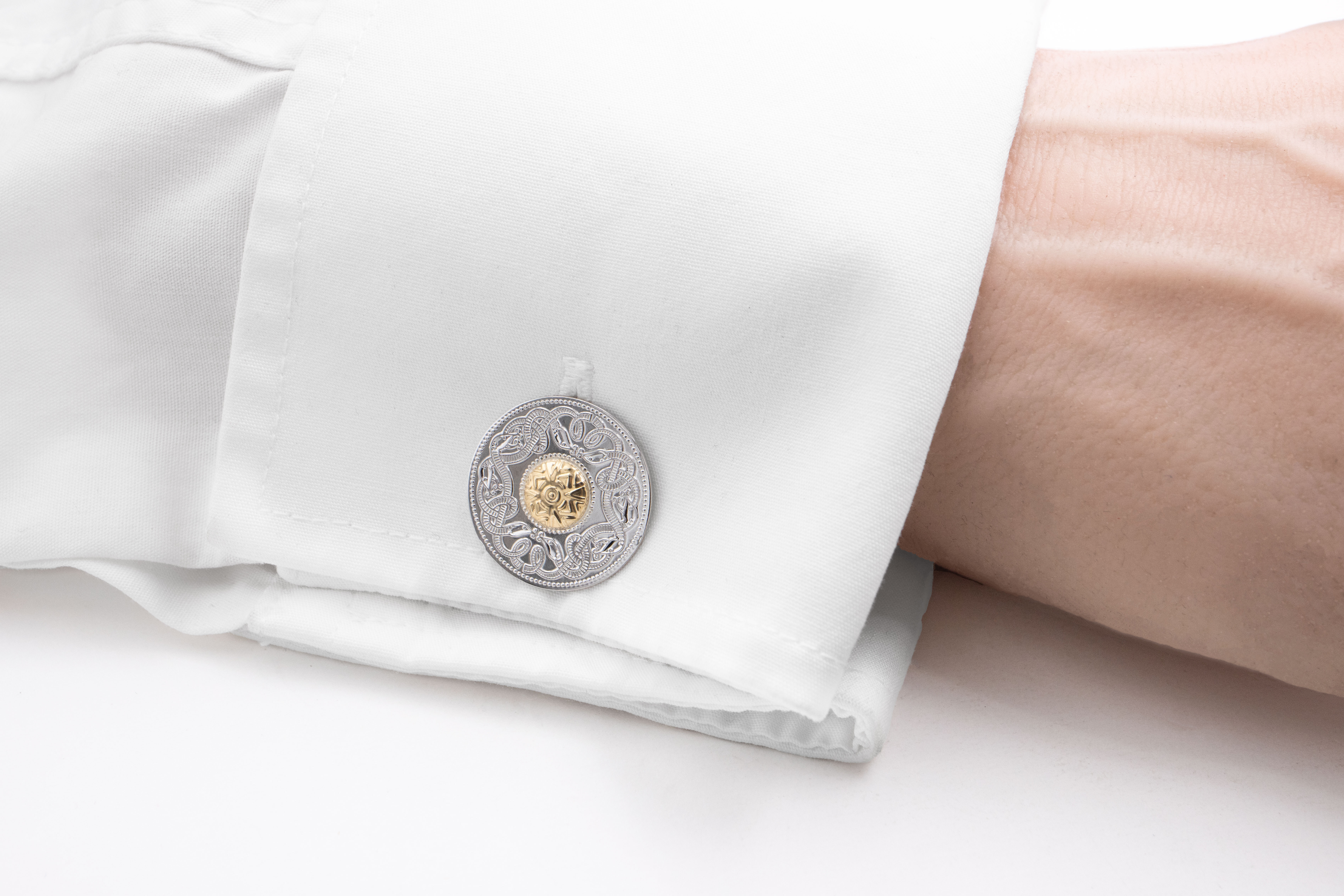 Mens Large Sterling Silver & 18K Yellow Gold Celtic Knot Cufflinks - Model Photo