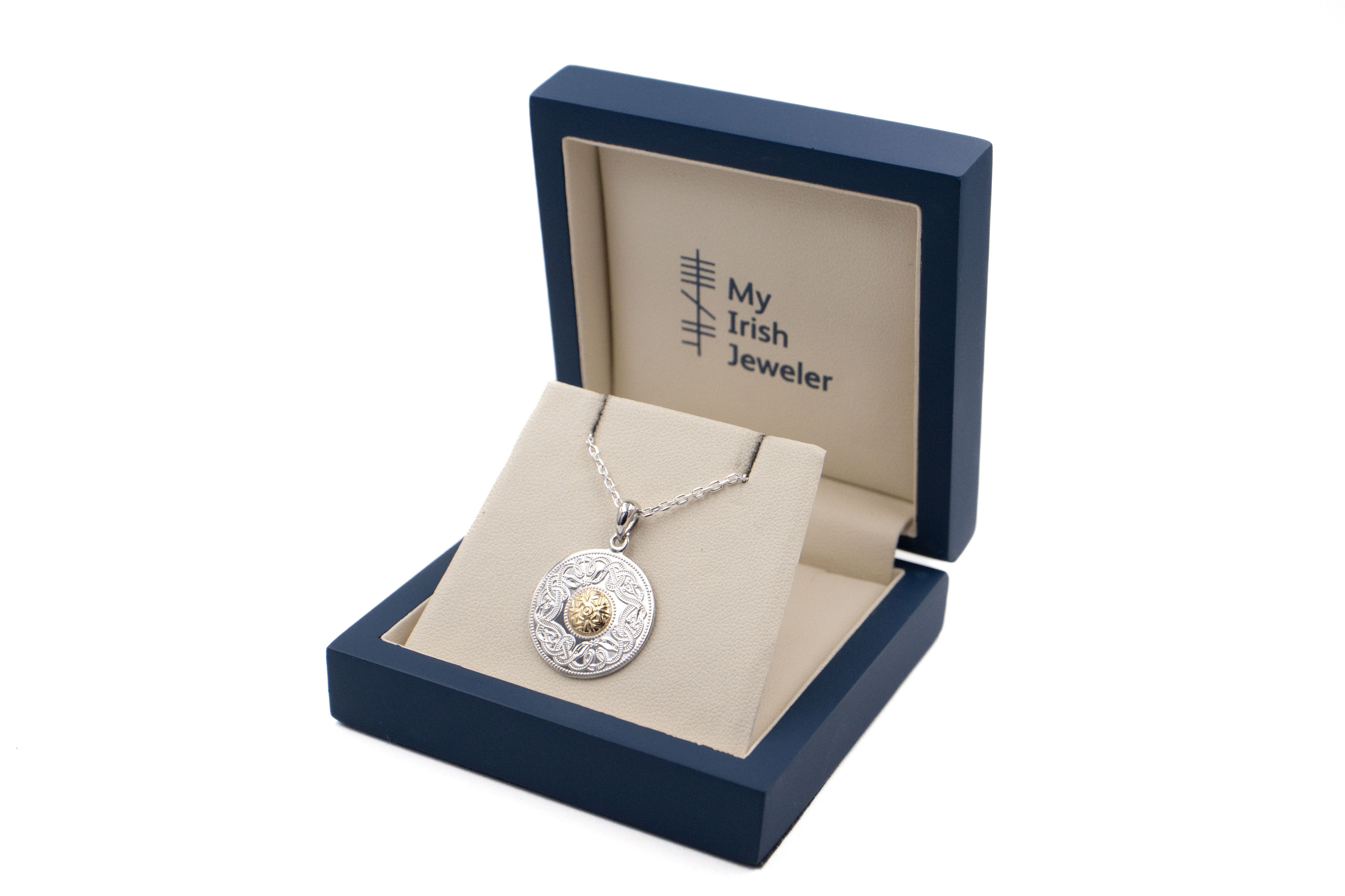 Medium Sized Authentic Sterling Silver & 18K Yellow Gold Celtic Warrior Necklace For Women. In Luxury Packaging.