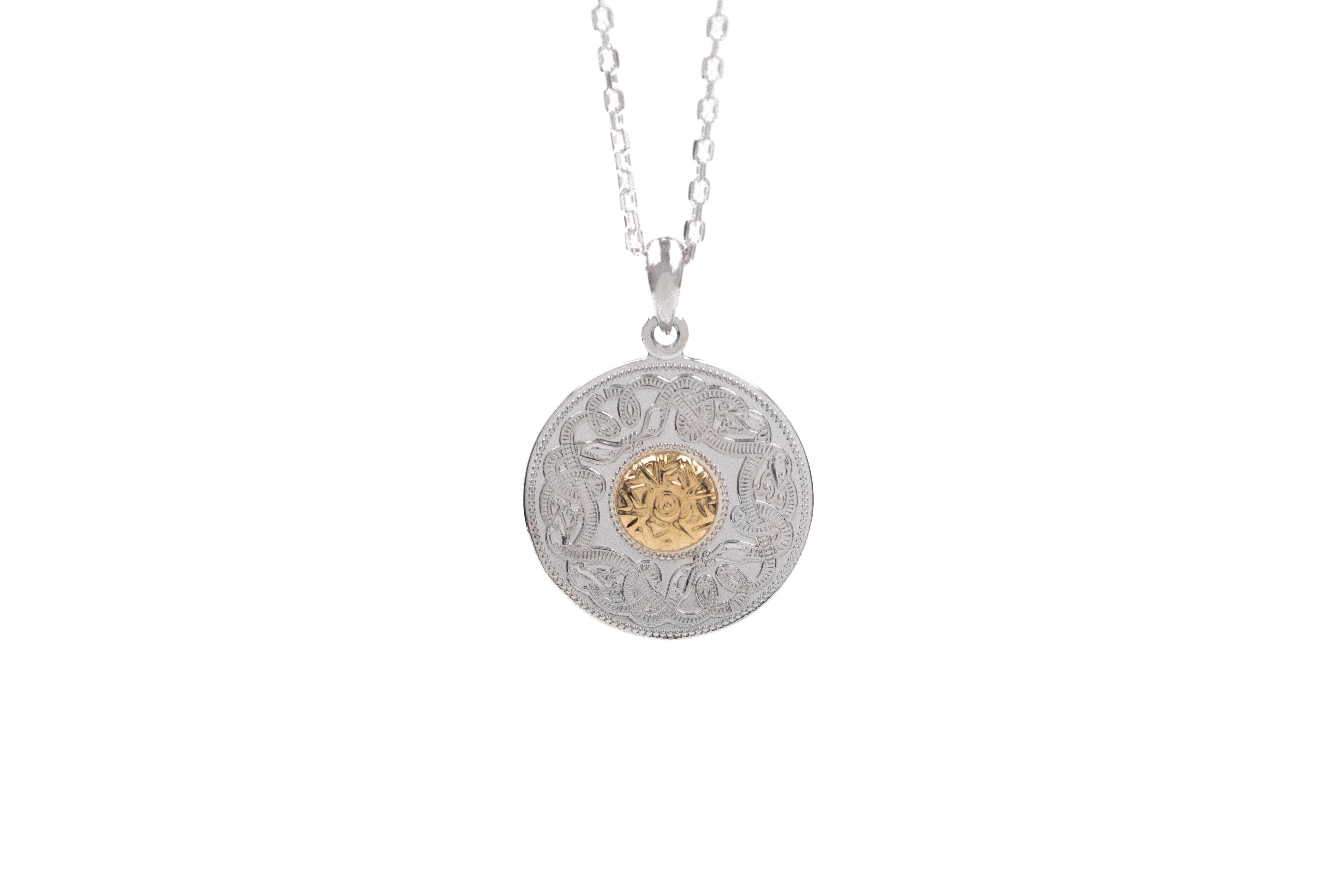 Womens Medium Sized Celtic Warrior Necklace in Real Sterling Silver & 18K Yellow Gold