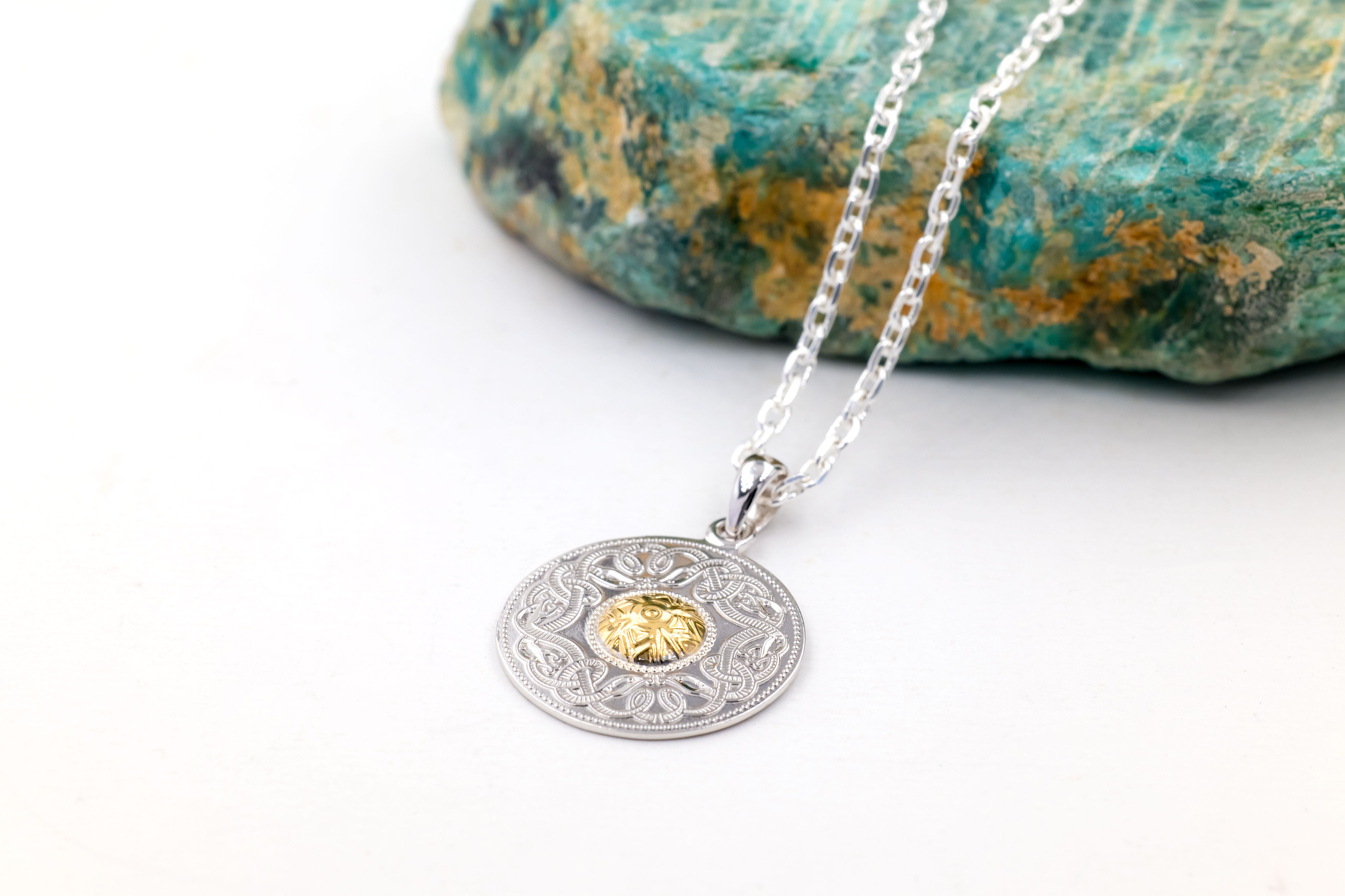 Real Sterling Silver & 18K Yellow Gold Celtic Warrior & Celtic Knot & Medals and Medallions Necklace For Women