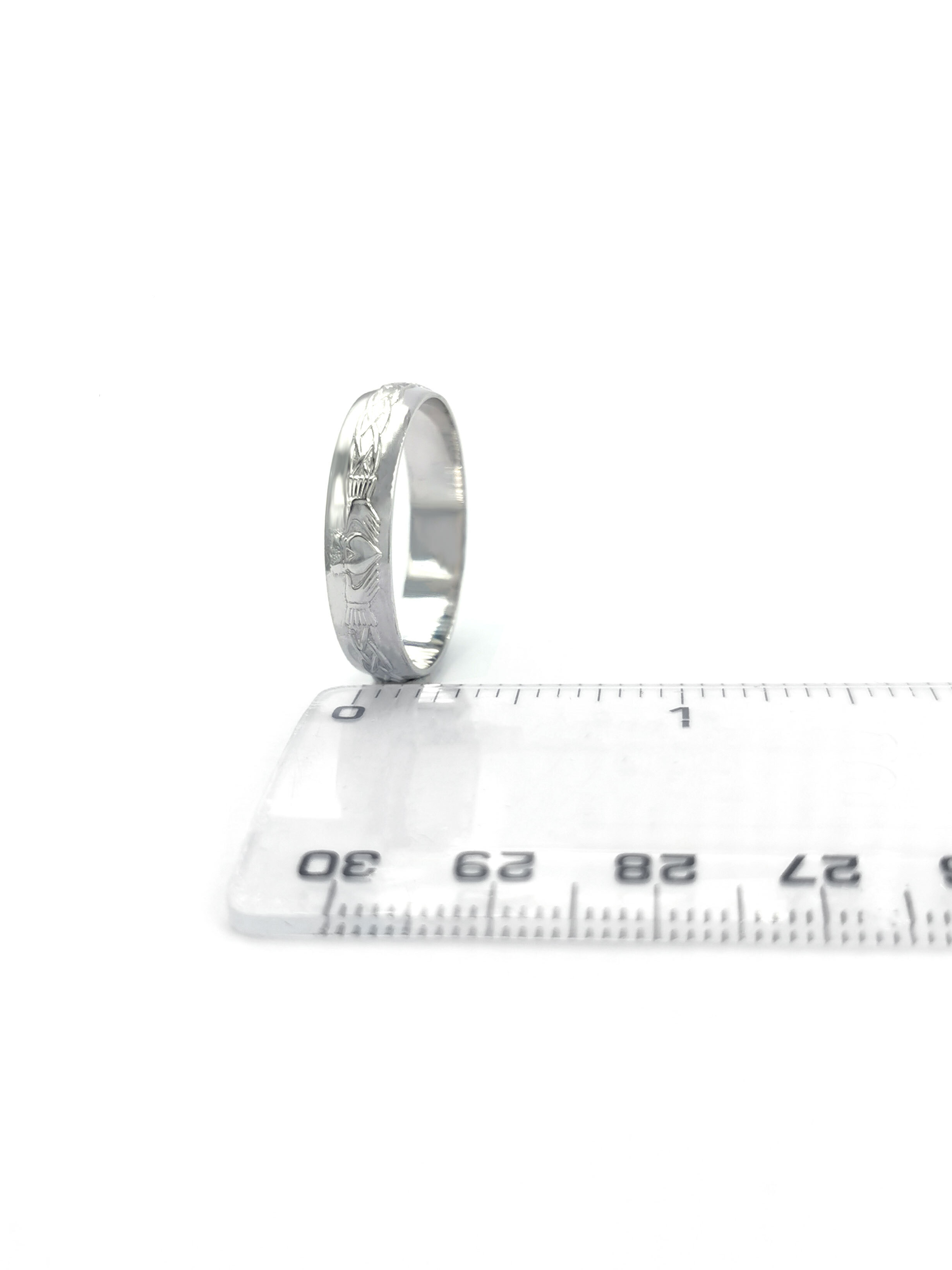 Mens Claddagh Wedding Ring in Real White Gold. Picture For Scale.