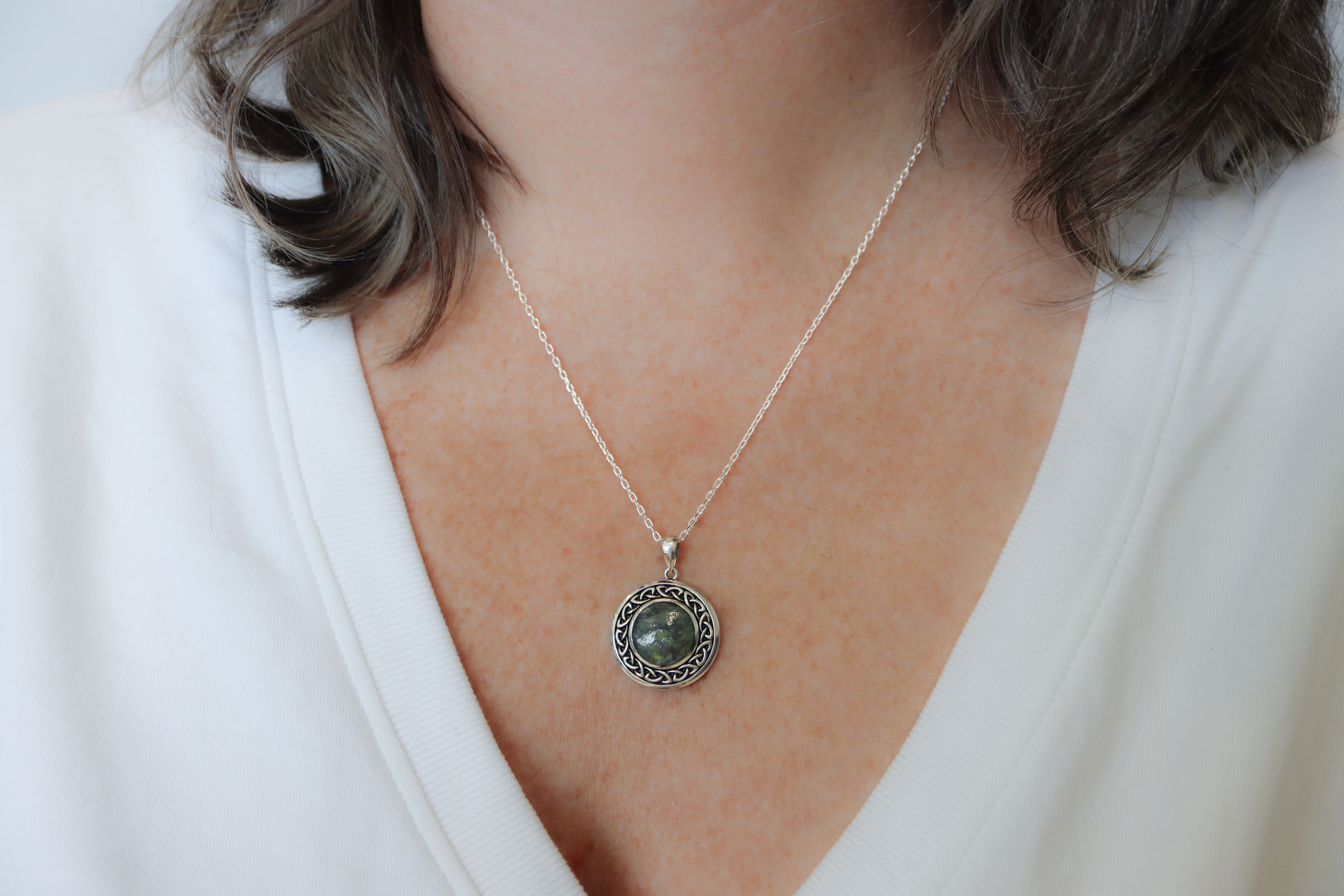 Silver Connemara Marble Celtic Necklace Sku 11523 model