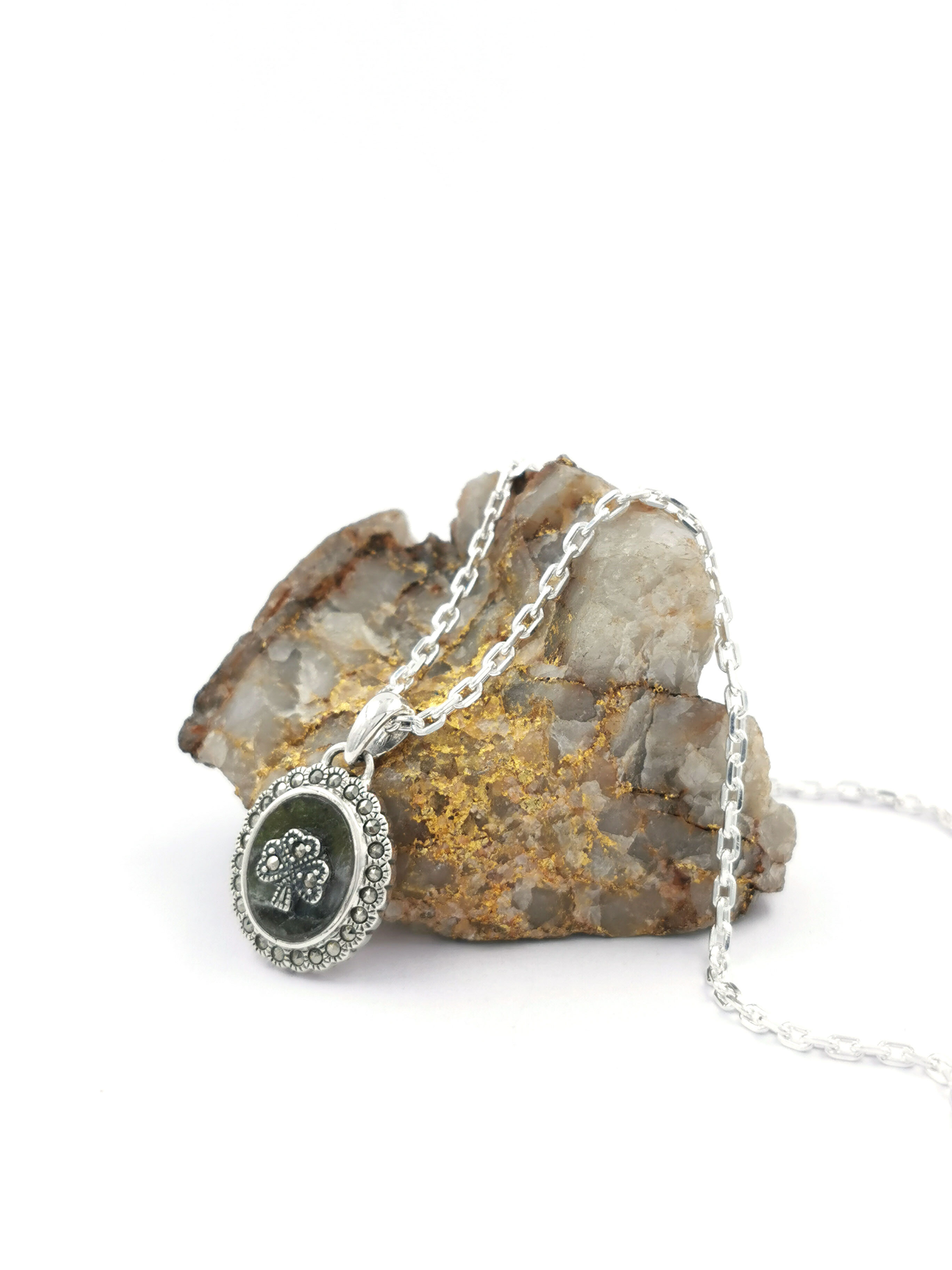 Irish Sterling Silver Shamrock & Connemara Marble Necklace For Women