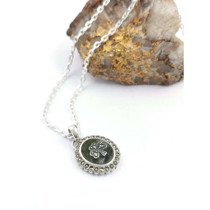 Womens Sterling Silver Shamrock & Connemara Marble Necklace