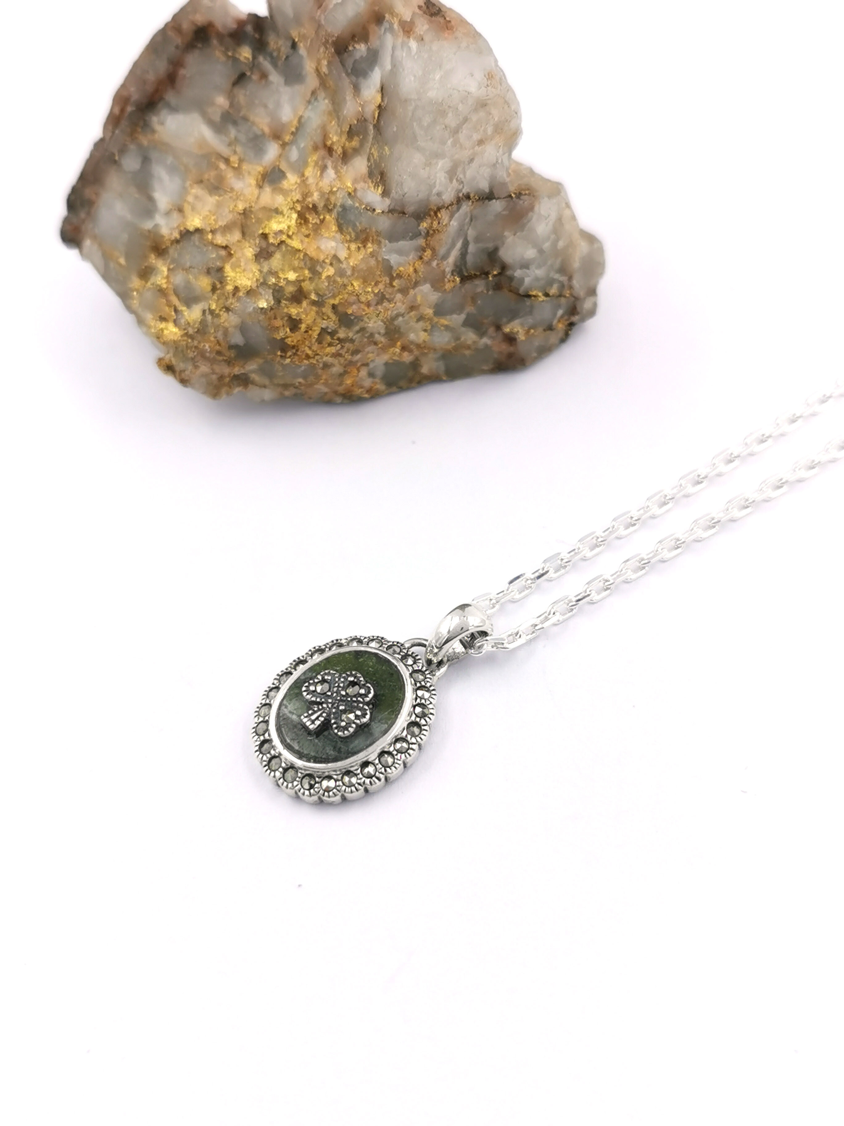 Genuine Sterling Silver Shamrock & Connemara Marble Necklace For Women