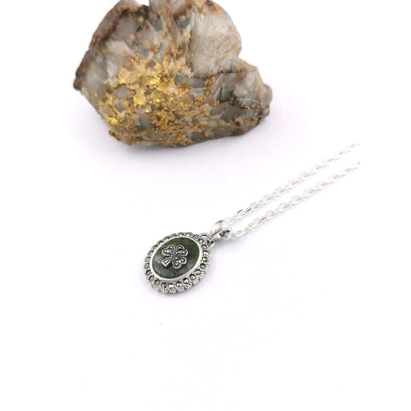 Genuine Sterling Silver Shamrock & Connemara Marble Necklace For Women