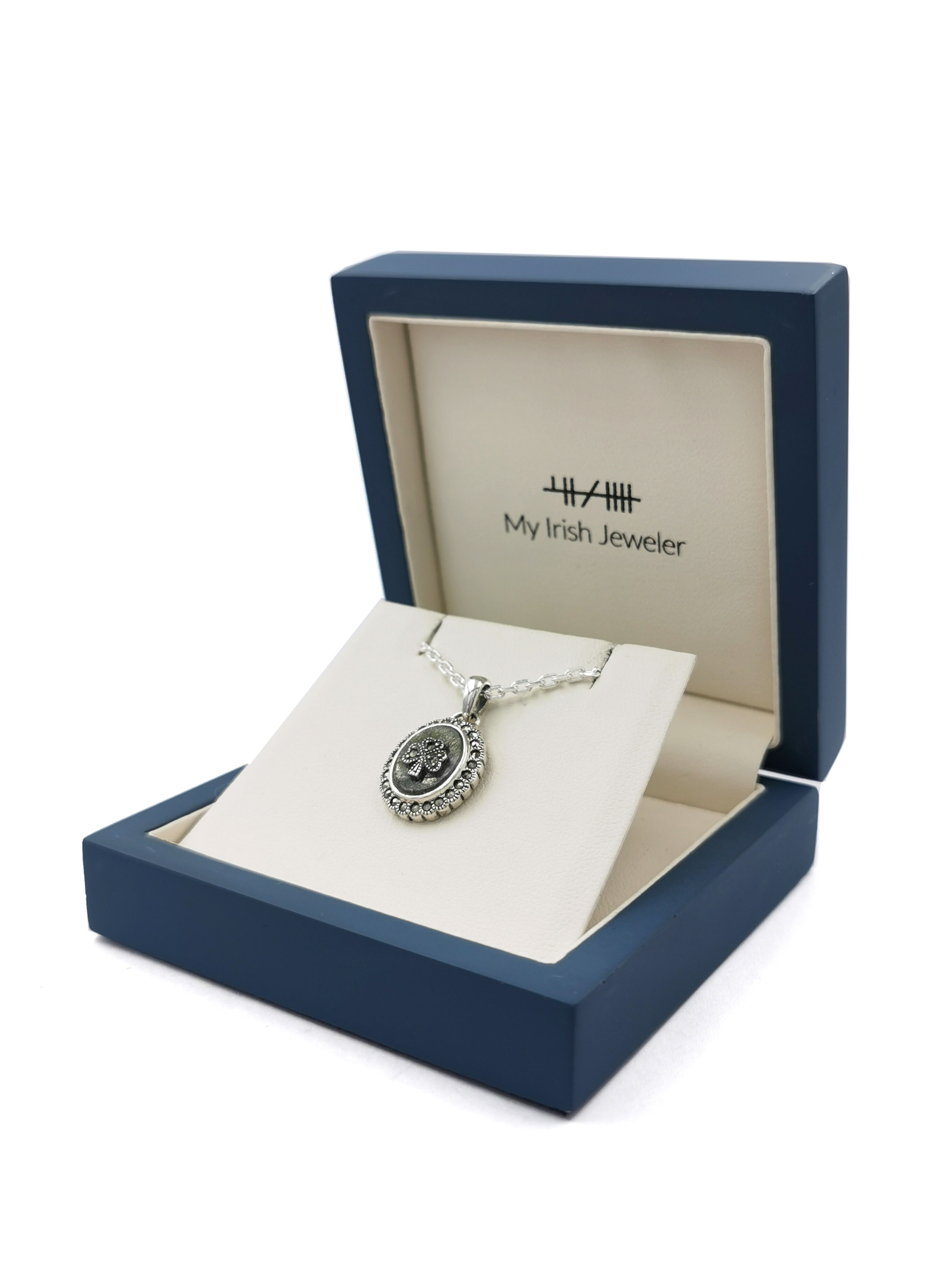 Attractive Sterling Silver Shamrock & Connemara Marble Necklace For Women. In Luxury Packaging.