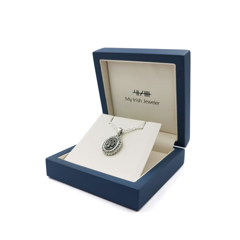 Attractive Sterling Silver Shamrock & Connemara Marble Necklace For Women. In Luxury Packaging.
