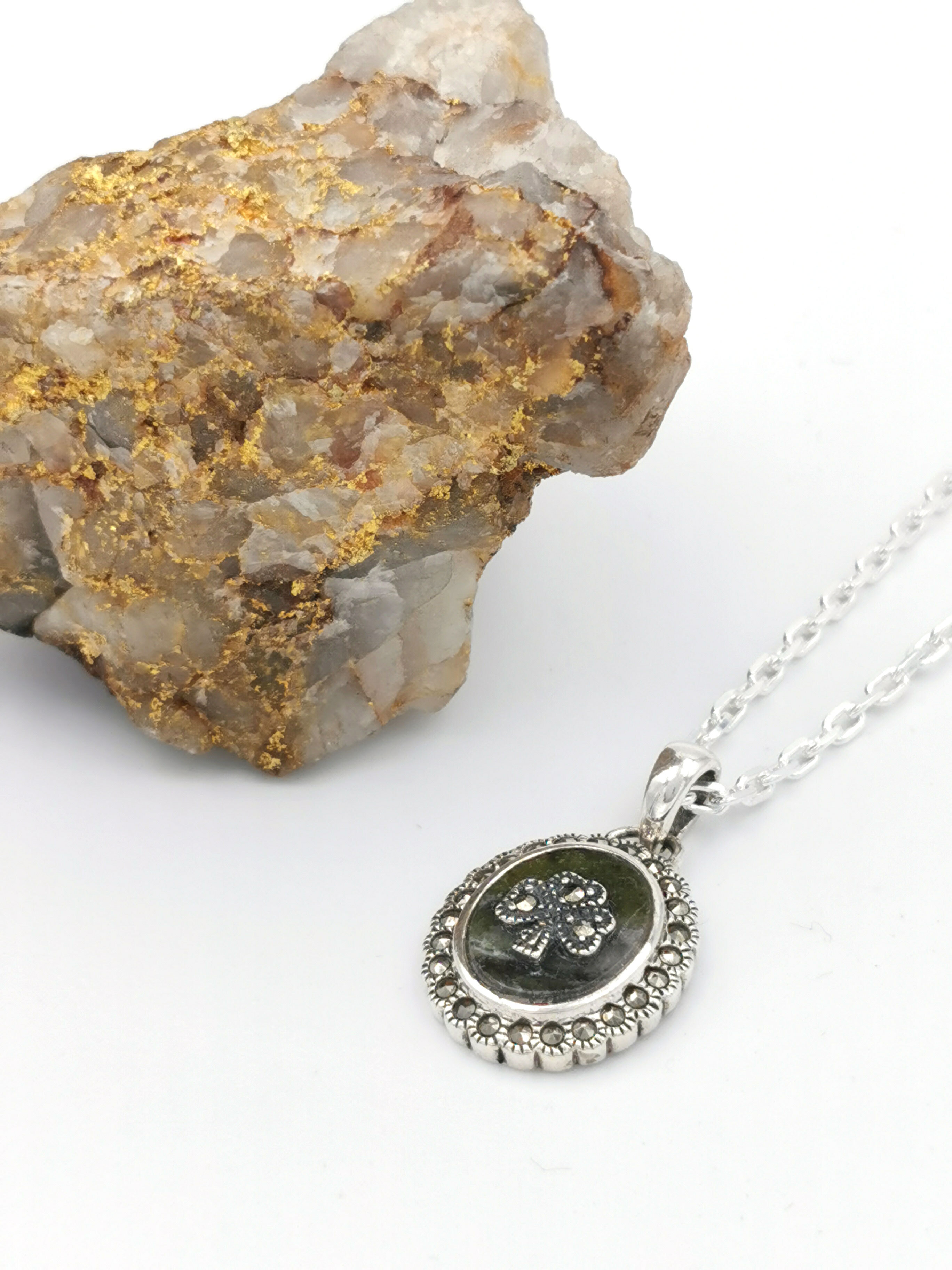 Womens Shamrock & Connemara Marble Necklace in Real Sterling Silver. Pictured Flat.